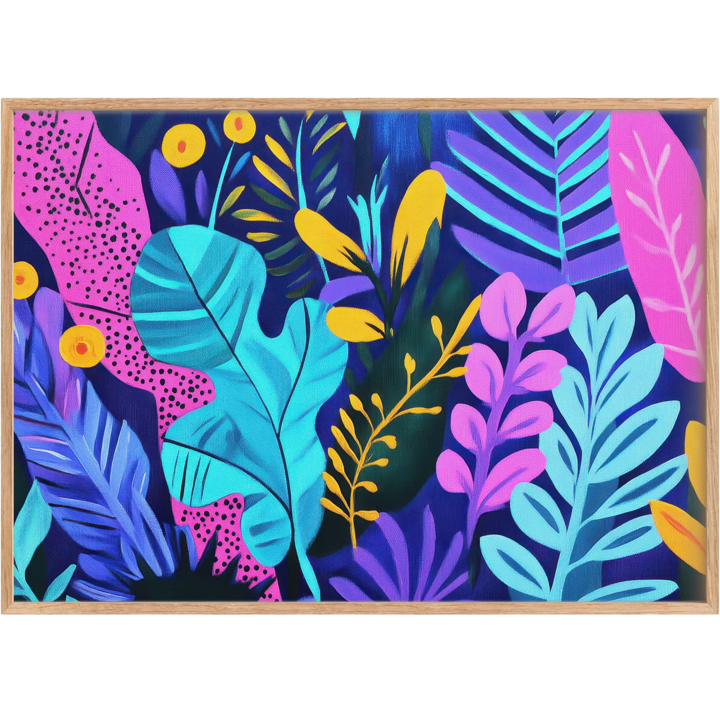 Vibrant pop art printable wall art with bold turquoise, violet, and golden leaves, evoking a radiant, luxurious botanical vibe