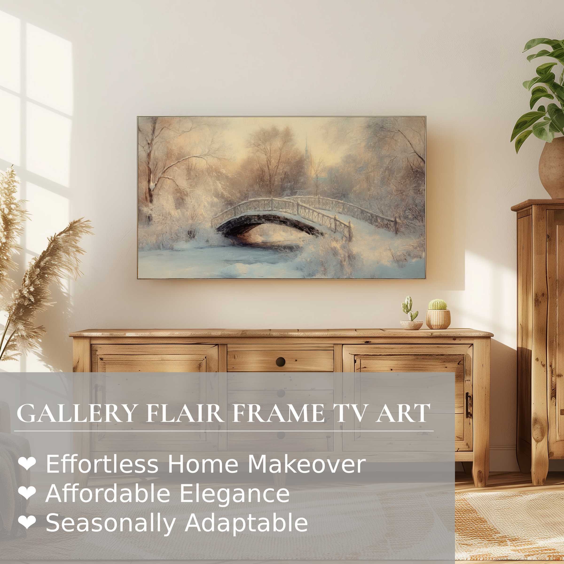 Samsung Frame TV showcasing a serene winter digital artwork of a snowy bridge, perfect for elegant home decor