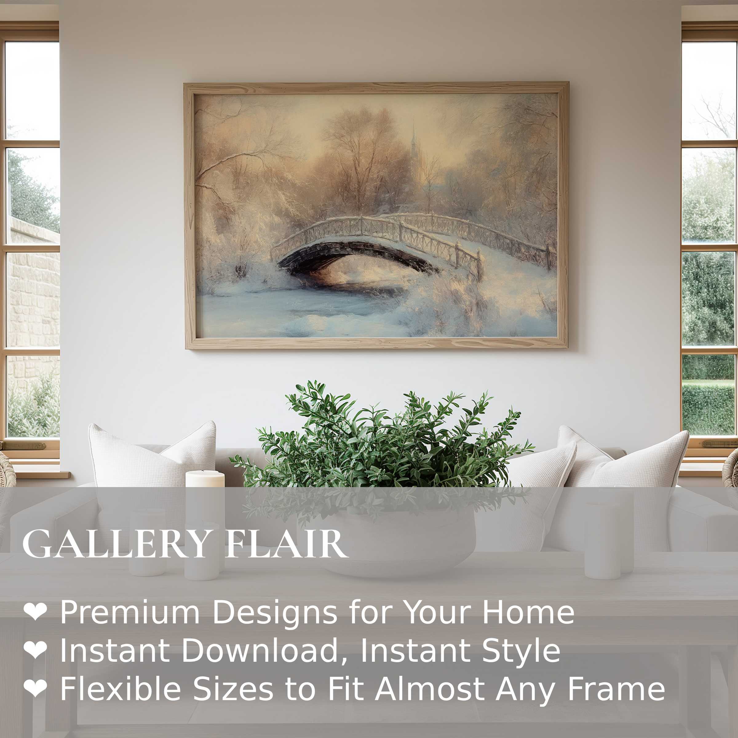 Winter wall art print of a serene snow-covered bridge in soft, warming hues Enhances modern minimalist interiors with calm, elegant charm
