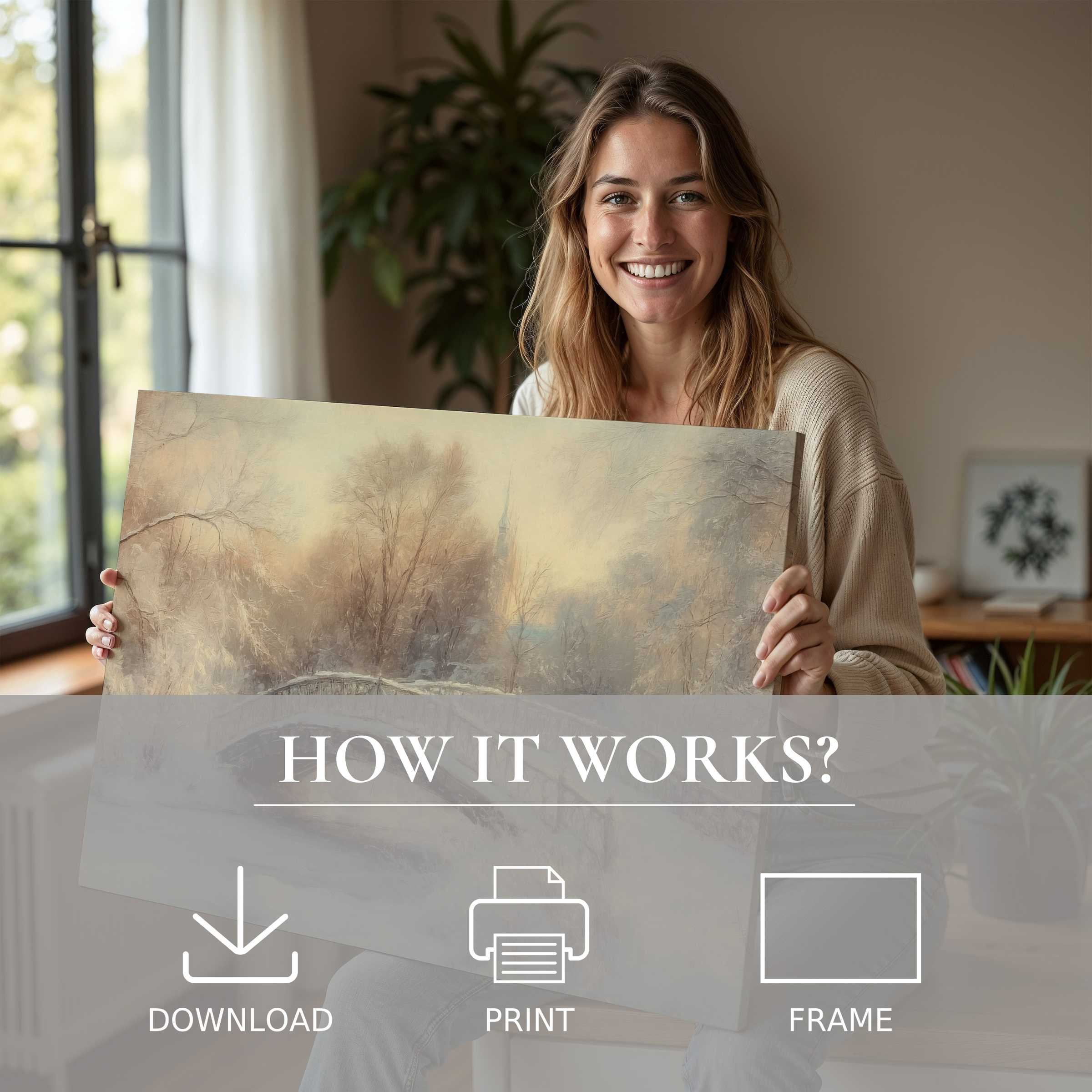 Winter digital art print gently embraced in a modern home setting, evoking warmth, connection, and serene elegance