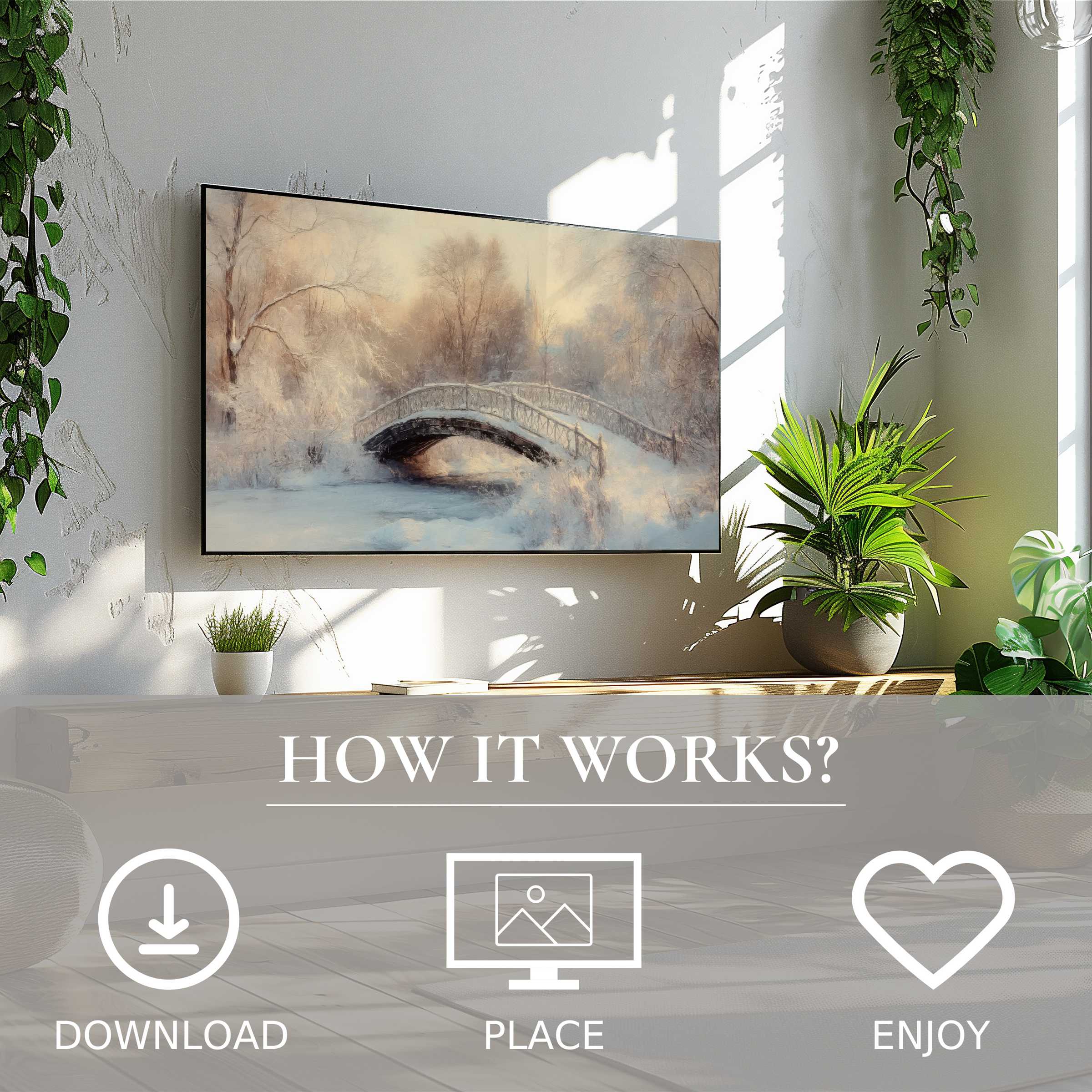 Winter art for Samsung TV shows soft sunset tones on a bridge scene, easy digital download enriches modern spaces