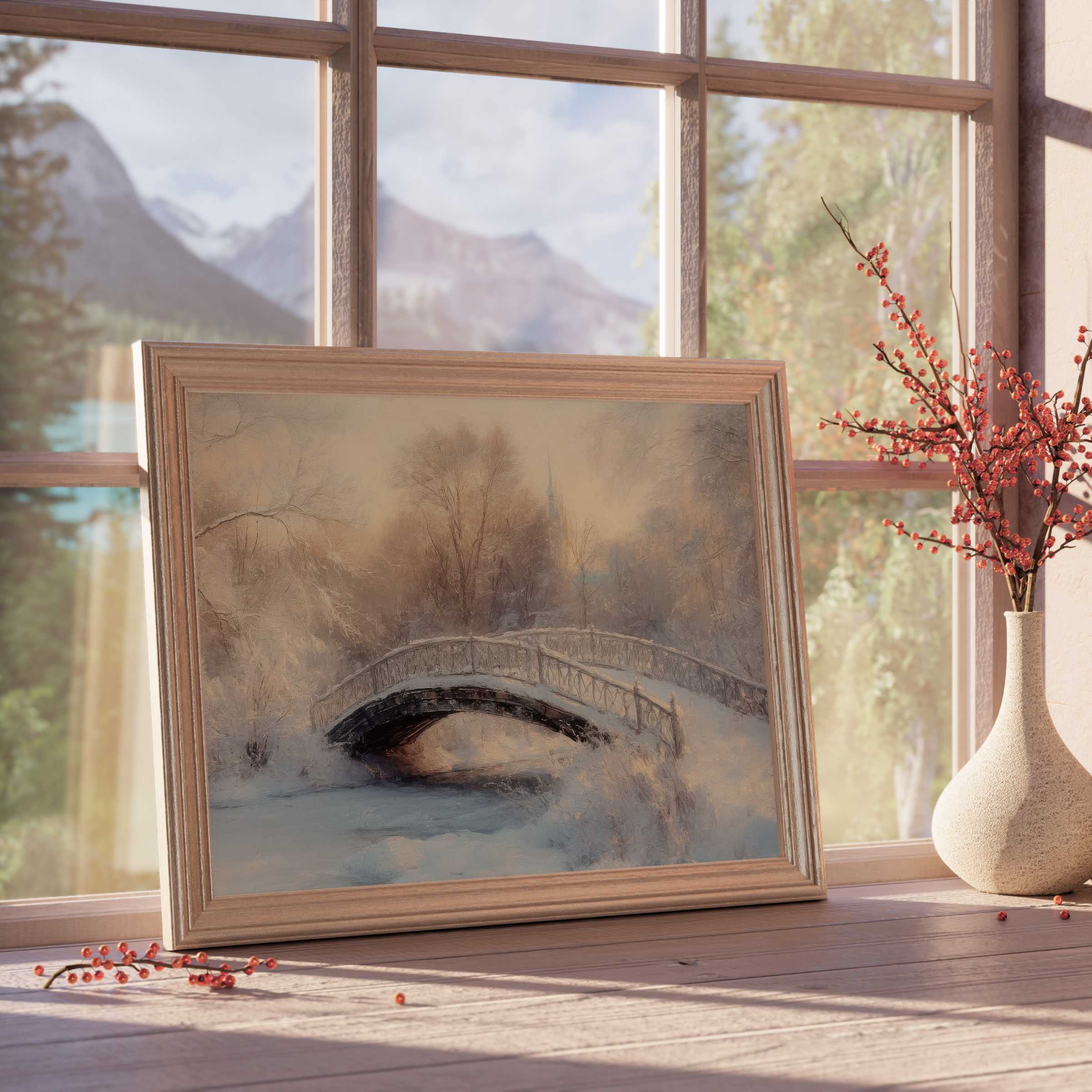 Winter downloadable art capturing a serene snow-covered bridge, enhancing tranquil, design-forward interiors with timeless charm