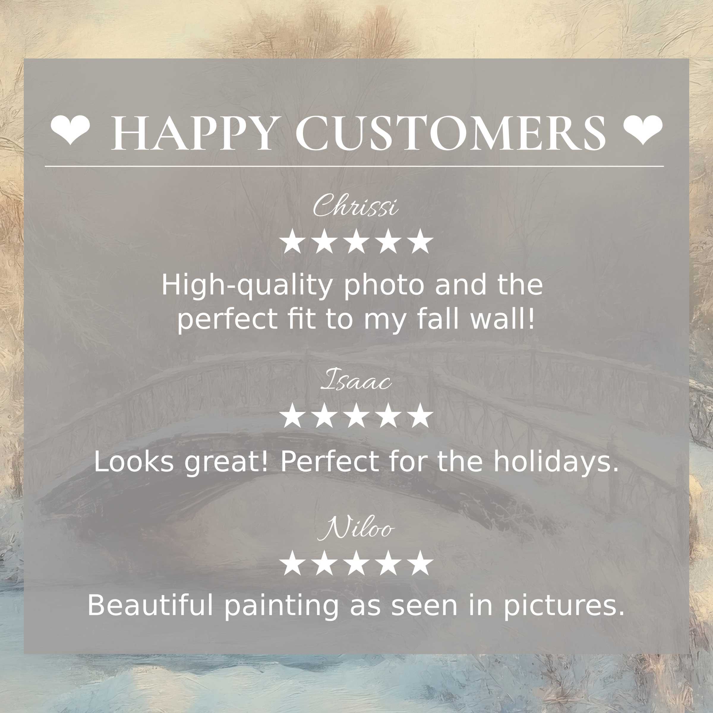 Winter art for Frame TV with elegant snowy bridge background, showcasing happy customer reviews and refined trust