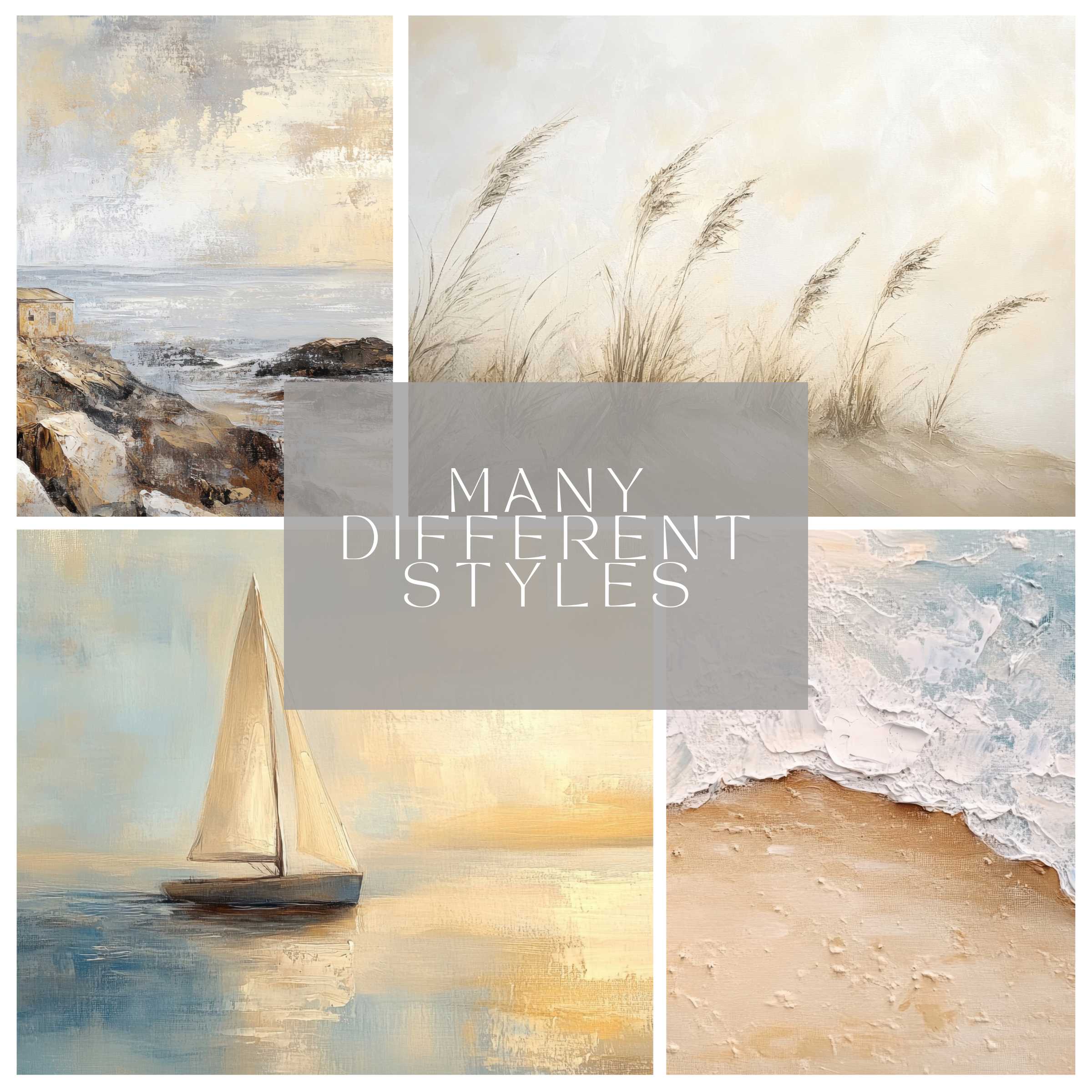 Coastal Printable Wall Decor Set elevates living space with 101 artworks in serene modern coastal tones with style