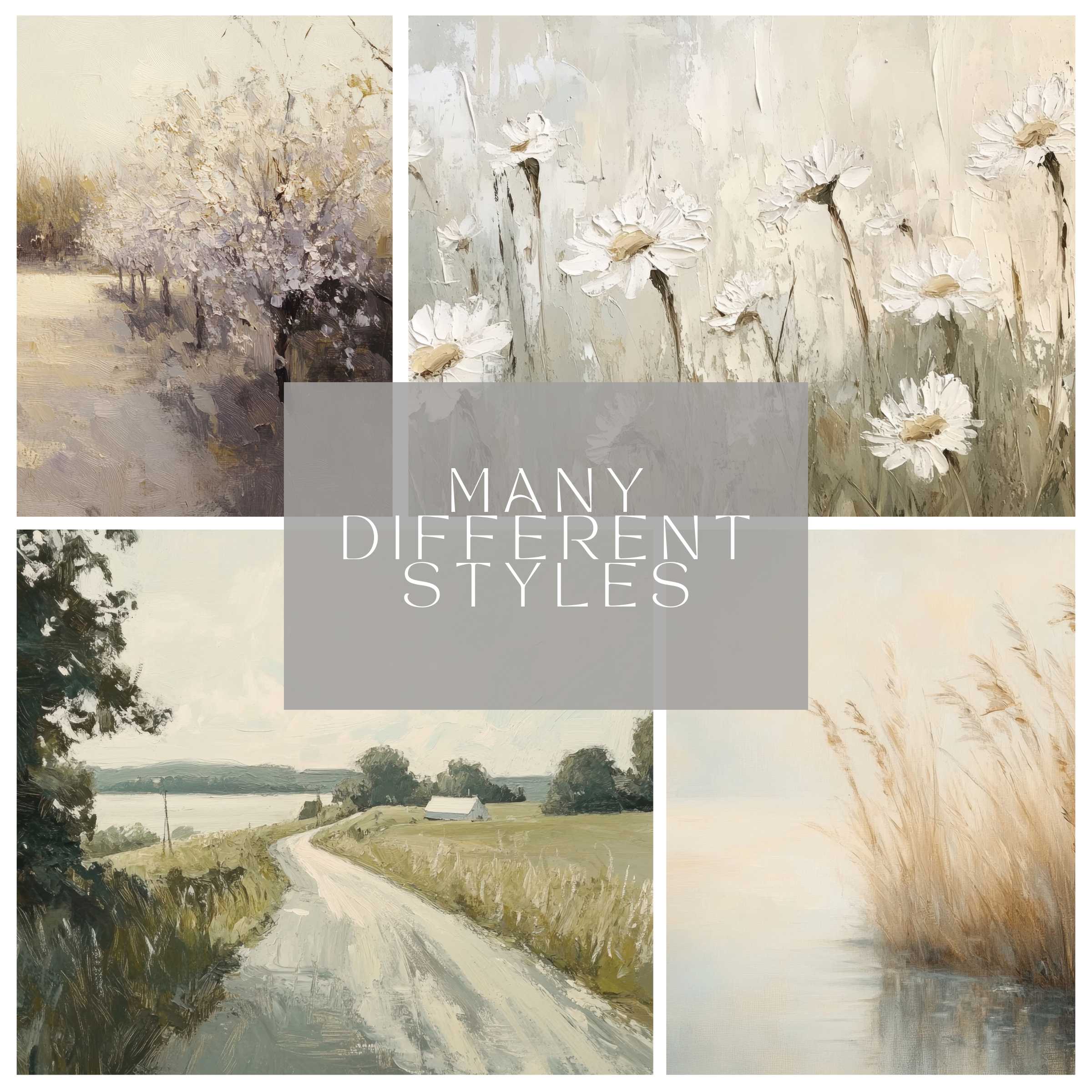 Vintage Printable Wall Decor Set enhances living space with 101 artworks of elegant modern landscapes and botanicals