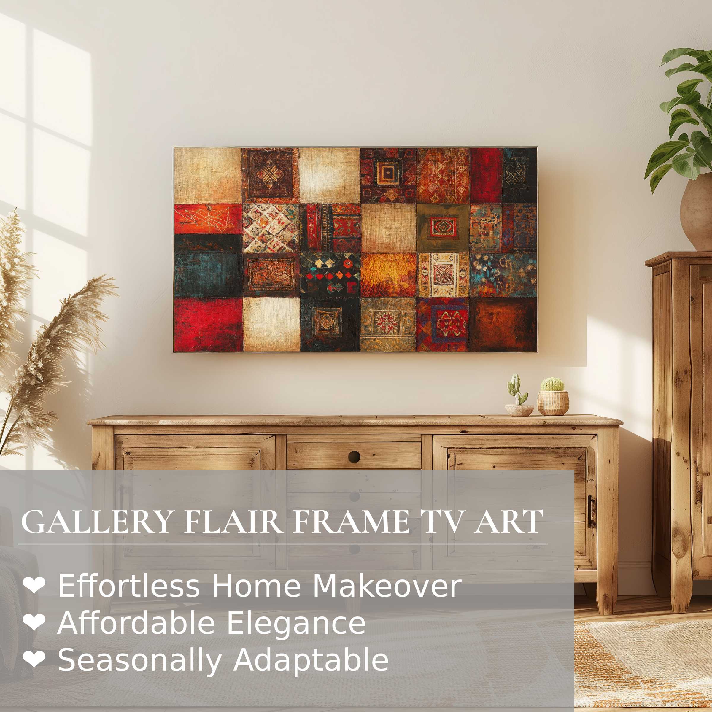 Samsung Frame TV displaying warm-toned boho digital artwork in a sunlit, modern rustic living room setting