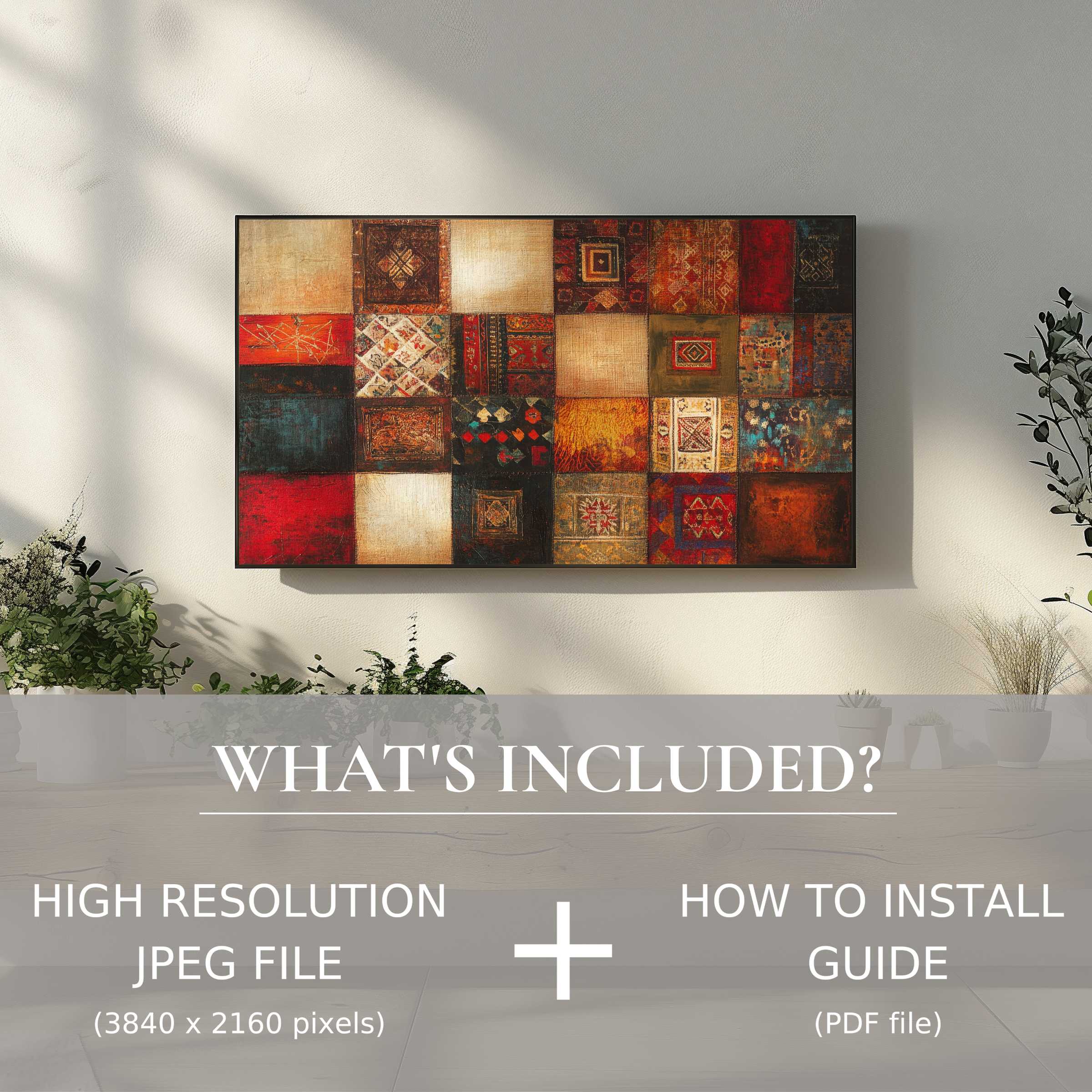 Elegant boho digital TV art download enhances any modern living space with easy digital use and rich, warm tones