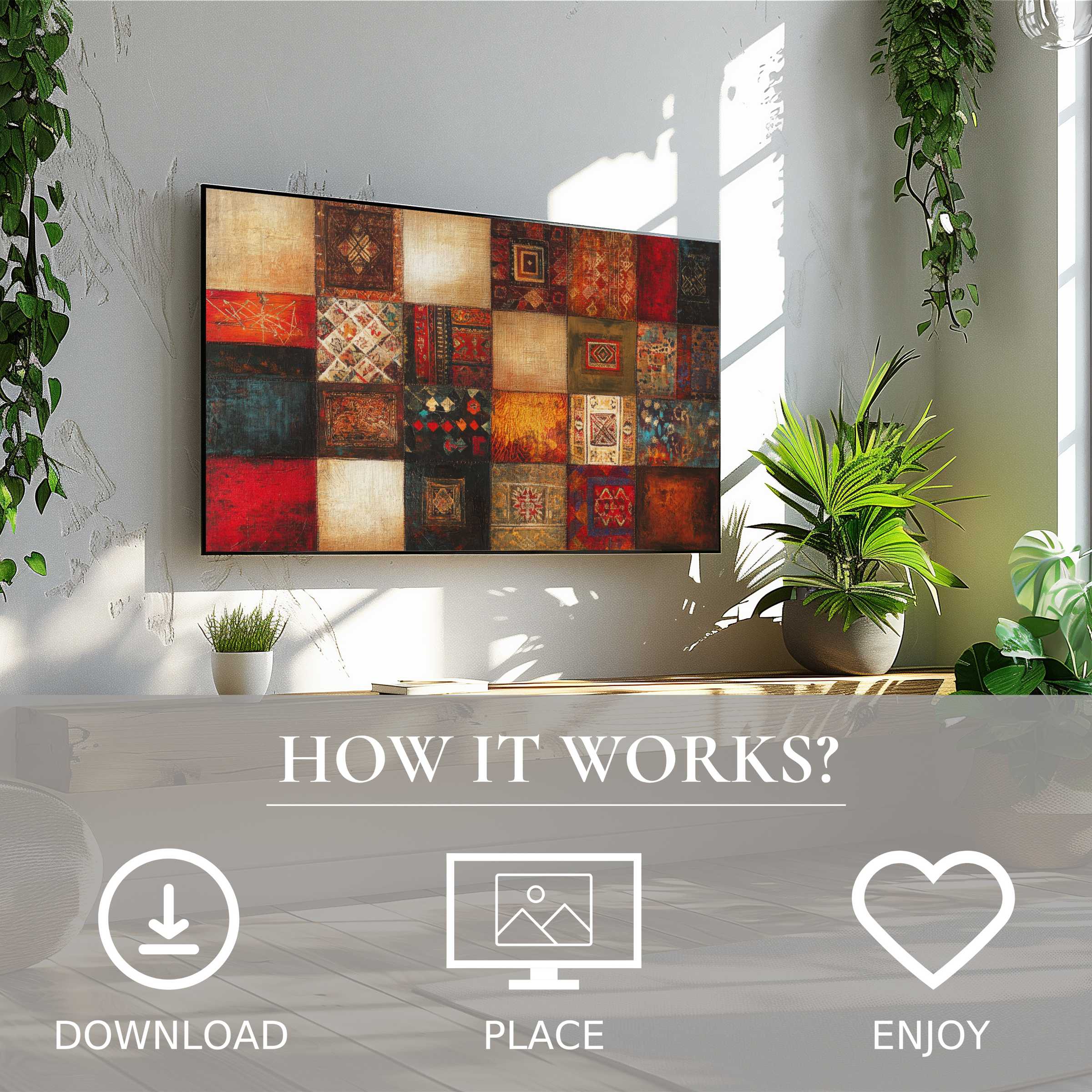 Boho art for Samsung TV: warm patchwork motif enhances bright, green living space; simple digital download, easy to place and enjoy