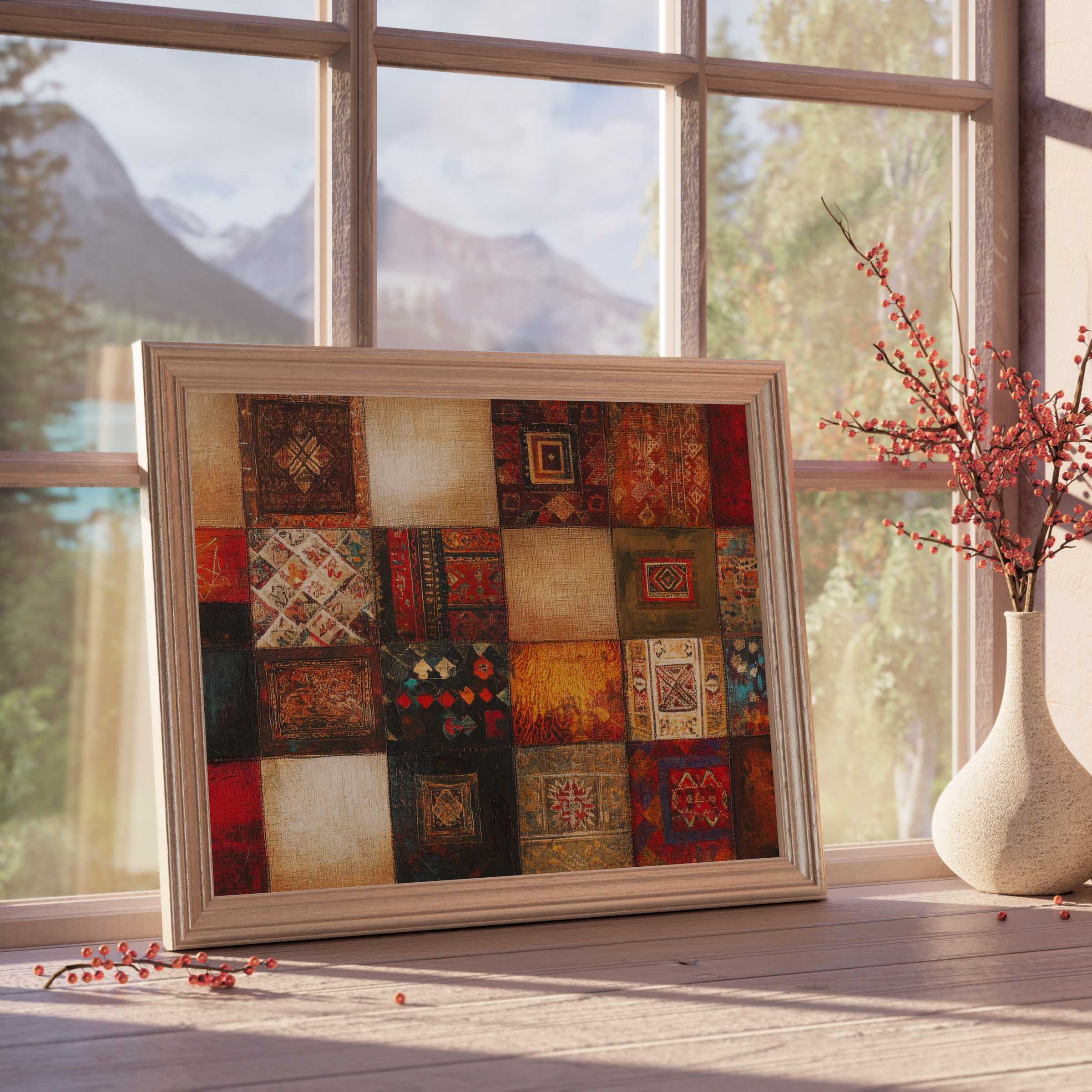 Boho downloadable art with rich textures and earthy tones, elevating tranquil, design-forward interiors with curated warmth
