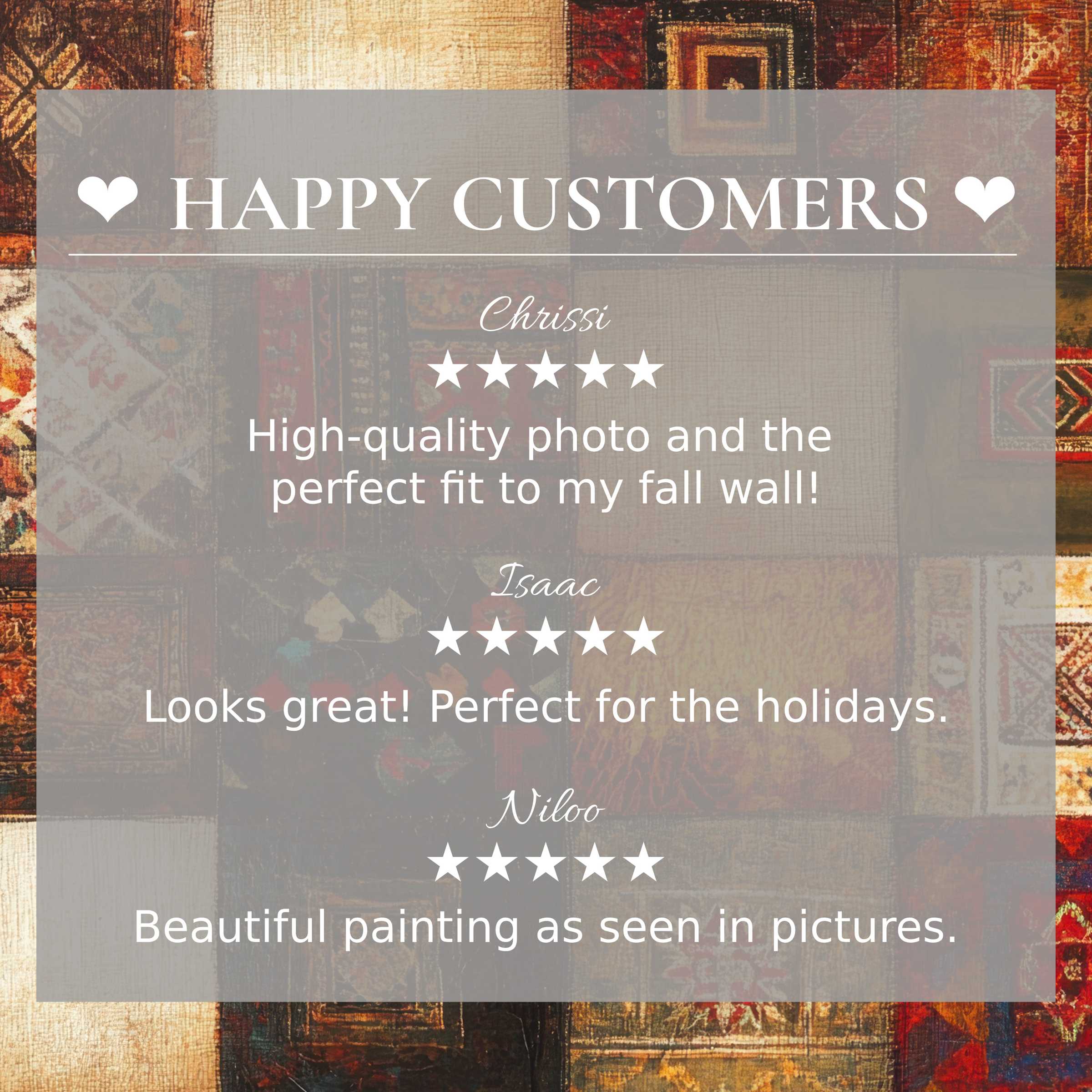 Boho art for Frame TV with warm patchwork background, showcasing happy customer reviews and elegant style