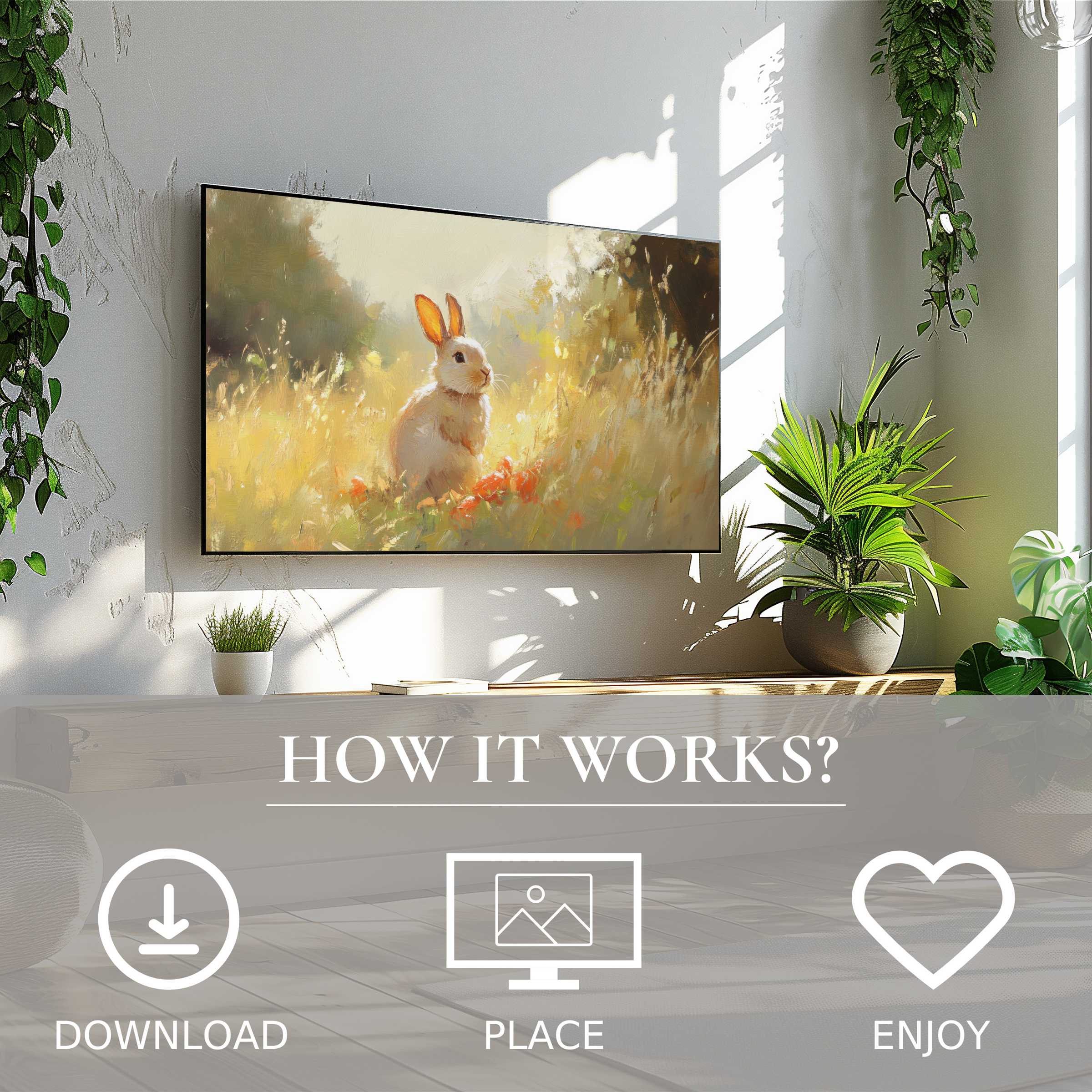 Modern living space with bright plants and easter art for Samsung TV showing a soft golden glow bunny; easy digital download