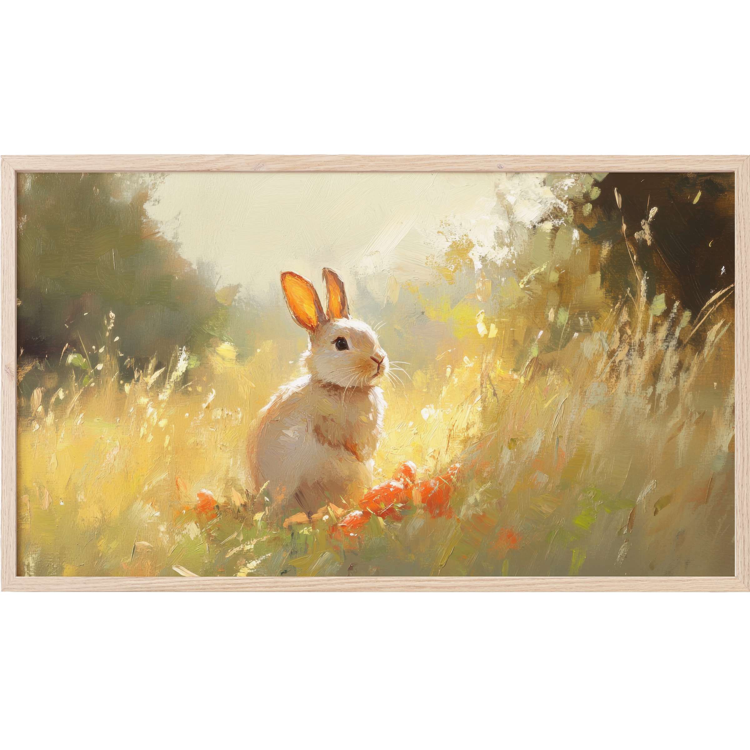 Elegant easter Frame TV Art depicting a soft white rabbit in warm golden light with impressionistic brushstrokes
