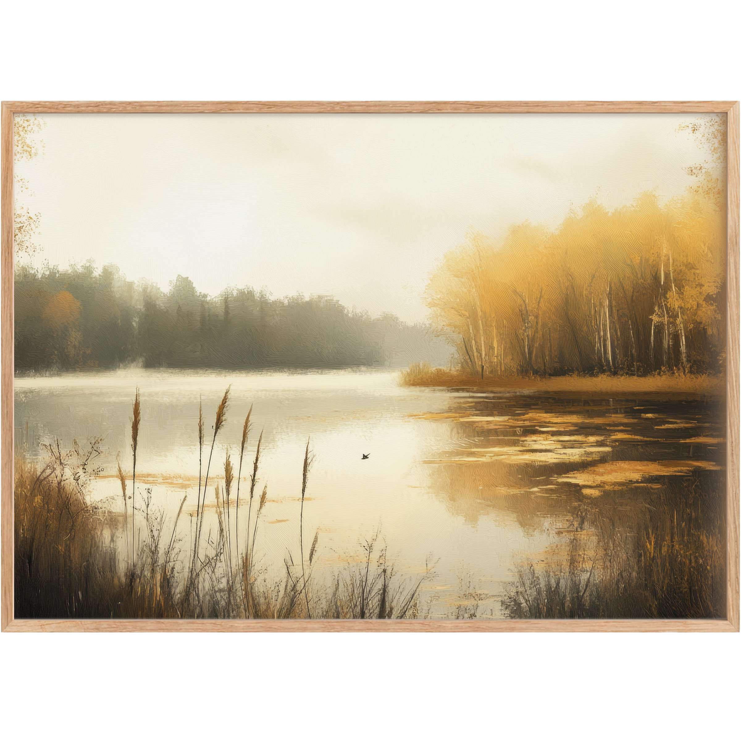 Fall printable wall art capturing a serene lakeside at dawn, with golden amber trees creating a warm, calming ambiance