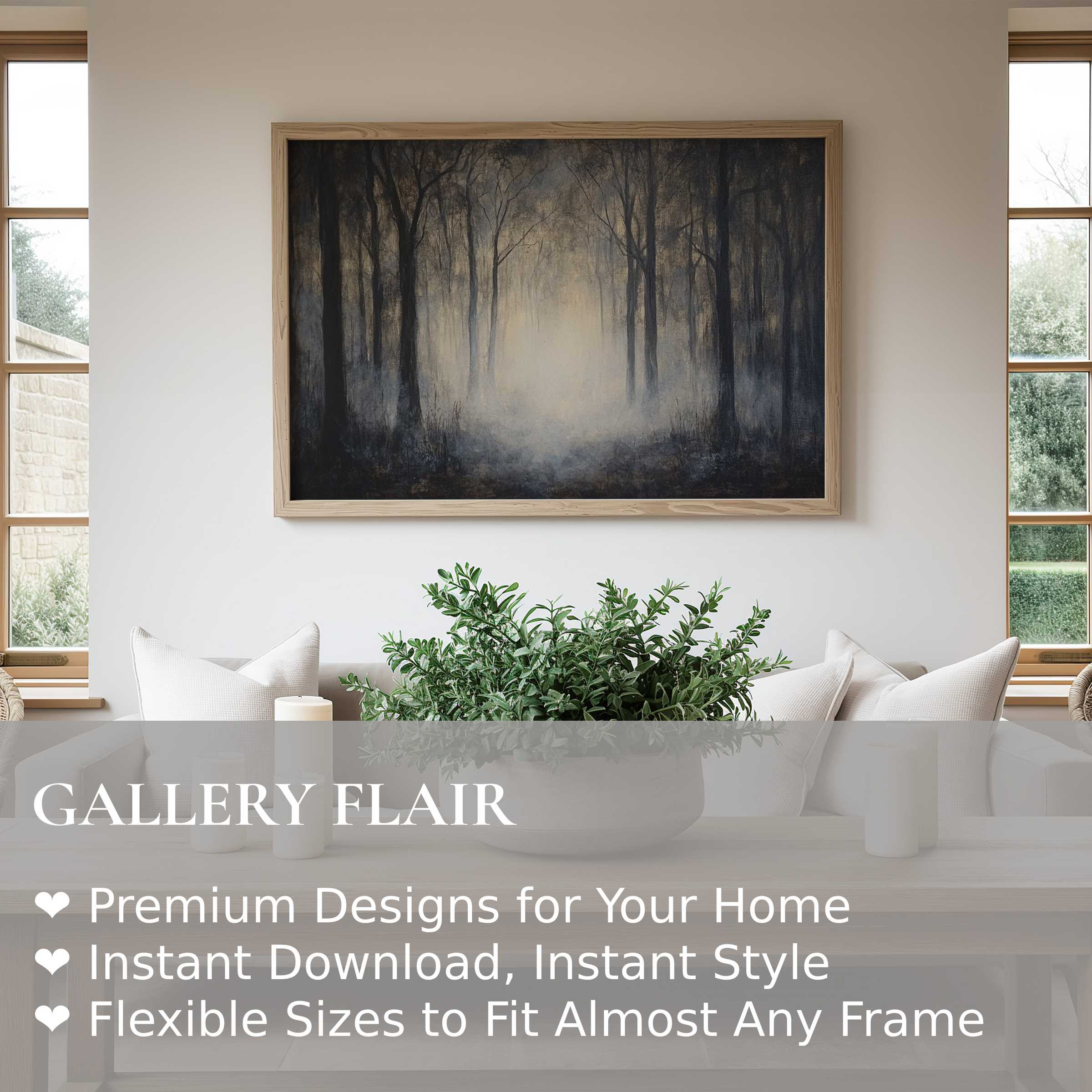 Ethereal halloween wall art print featuring a misty forest in moody tones, enhancing modern minimalist interiors with atmospheric elegance