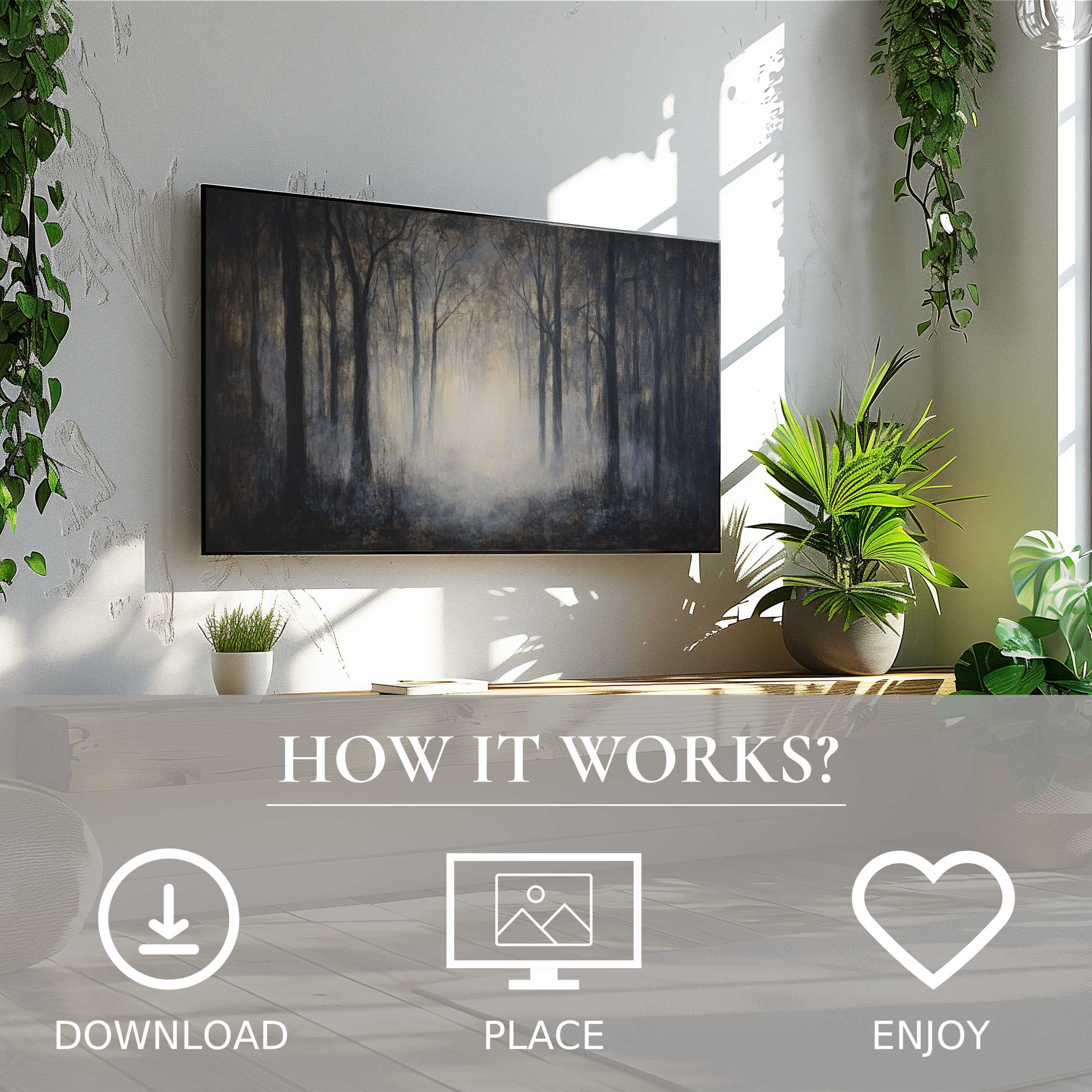 Halloween art for Samsung TV shows a misty forest scene; easy digital download enriches modern living spaces