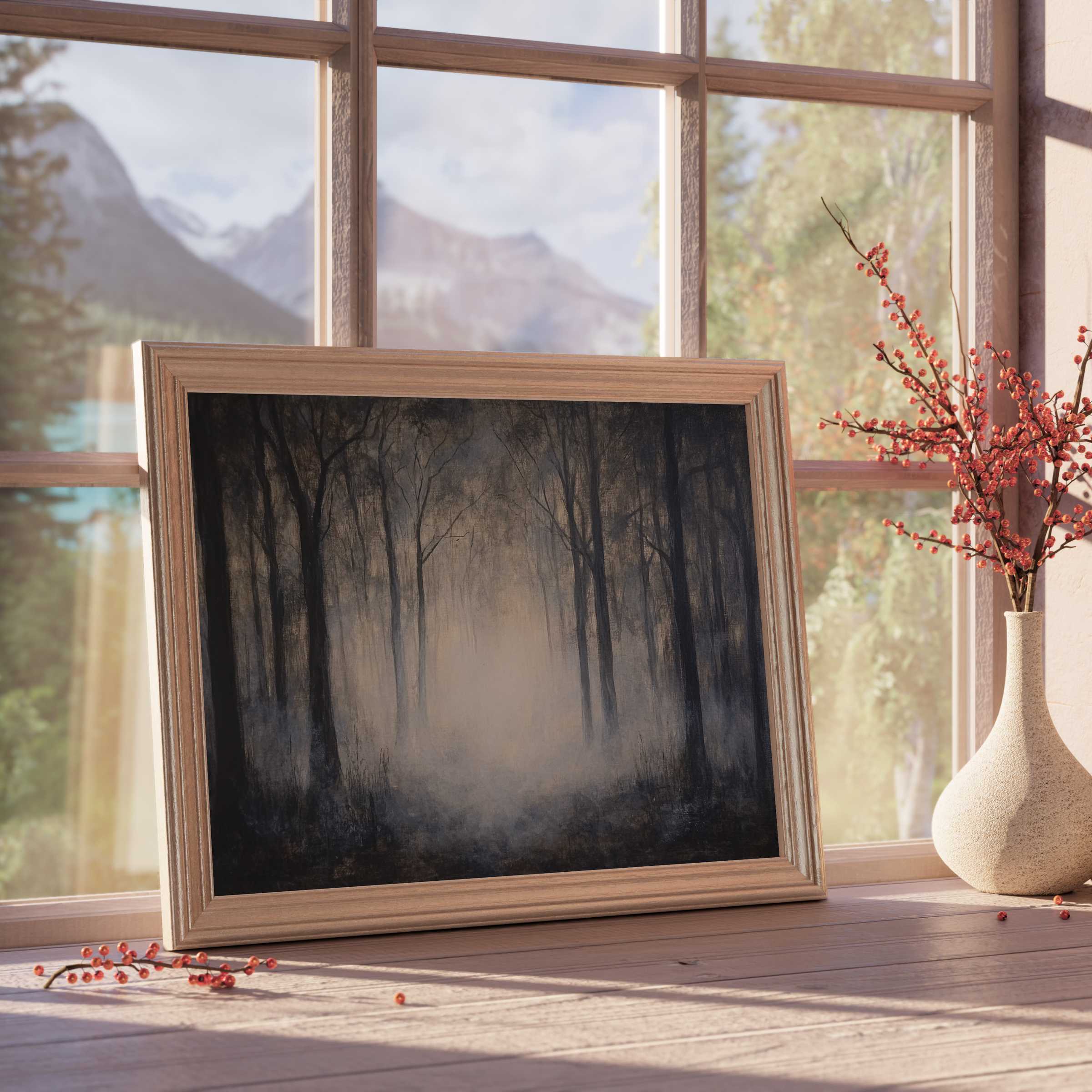 Hauntingly elegant Halloween downloadable art capturing a misty forest’s calm mystery, perfect for curated, sophisticated interiors