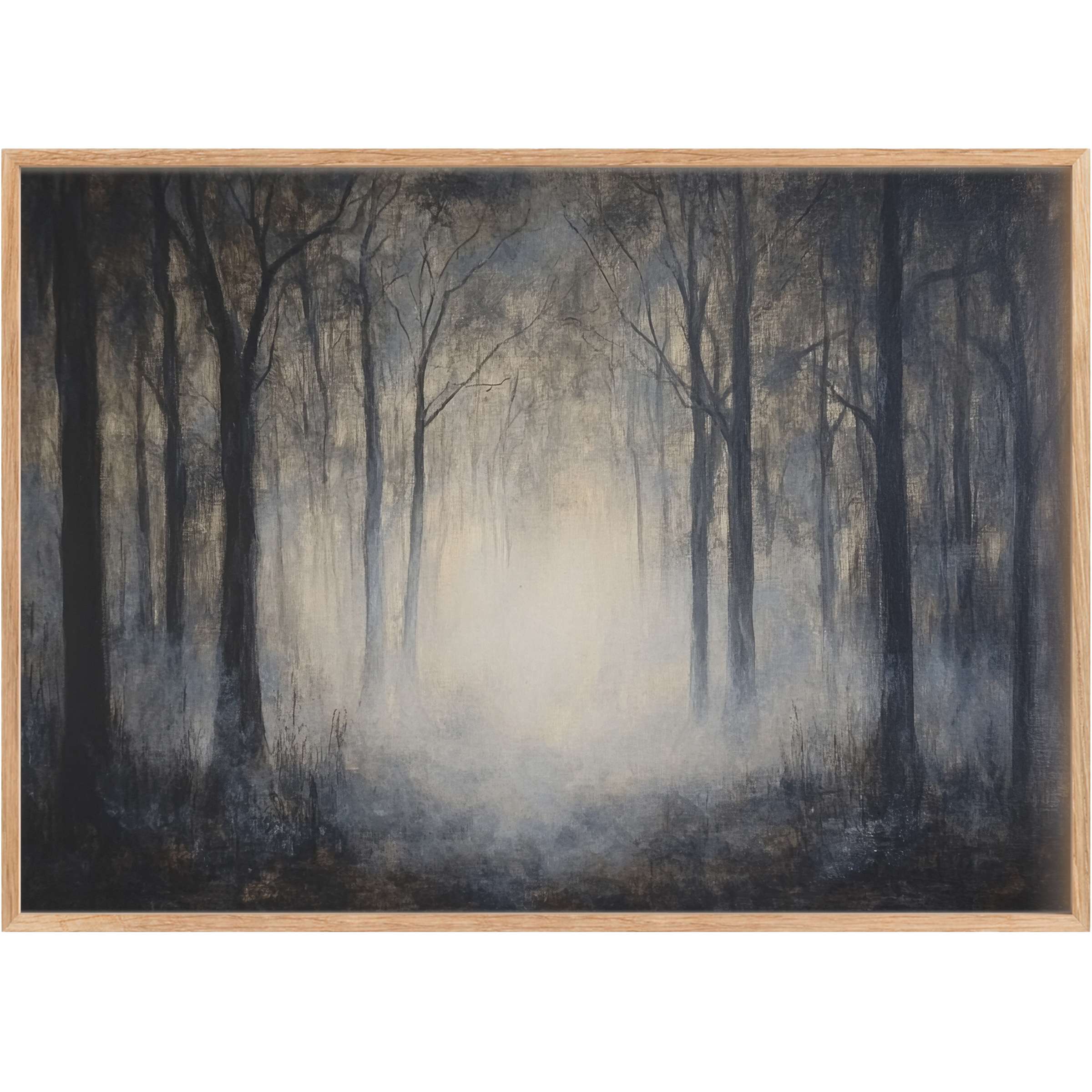 Ethereal halloween printable wall art captures a misty forest with deep shadows and luminous grays, evoking mystery and elegance
