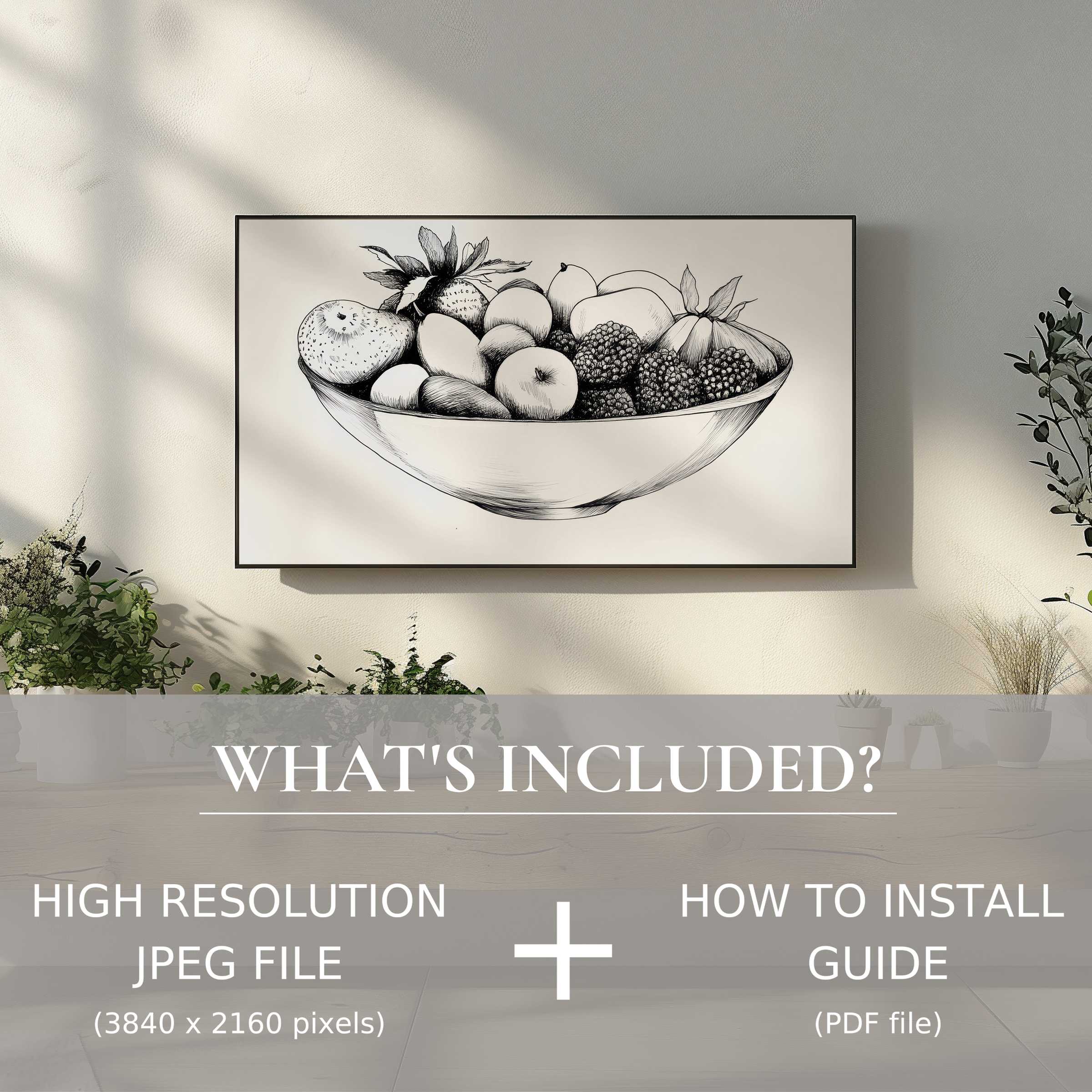 Elegant black and white digital TV art download with easy use, enhancing modern living spaces with minimalist fruit bowl design