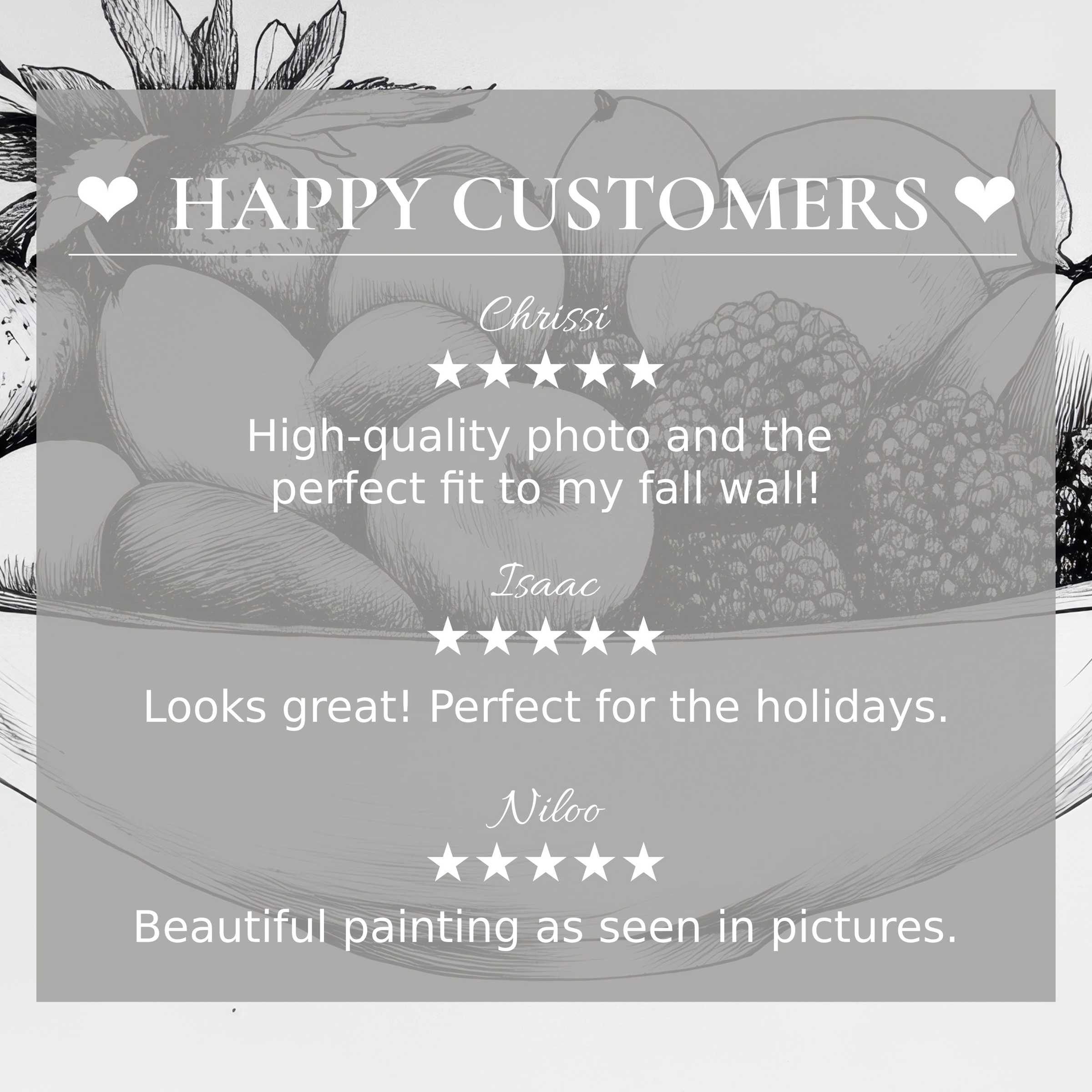 Black and white art for Frame TV with sketched fruit bowl backdrop, showcasing happy customer reviews and elegant trust