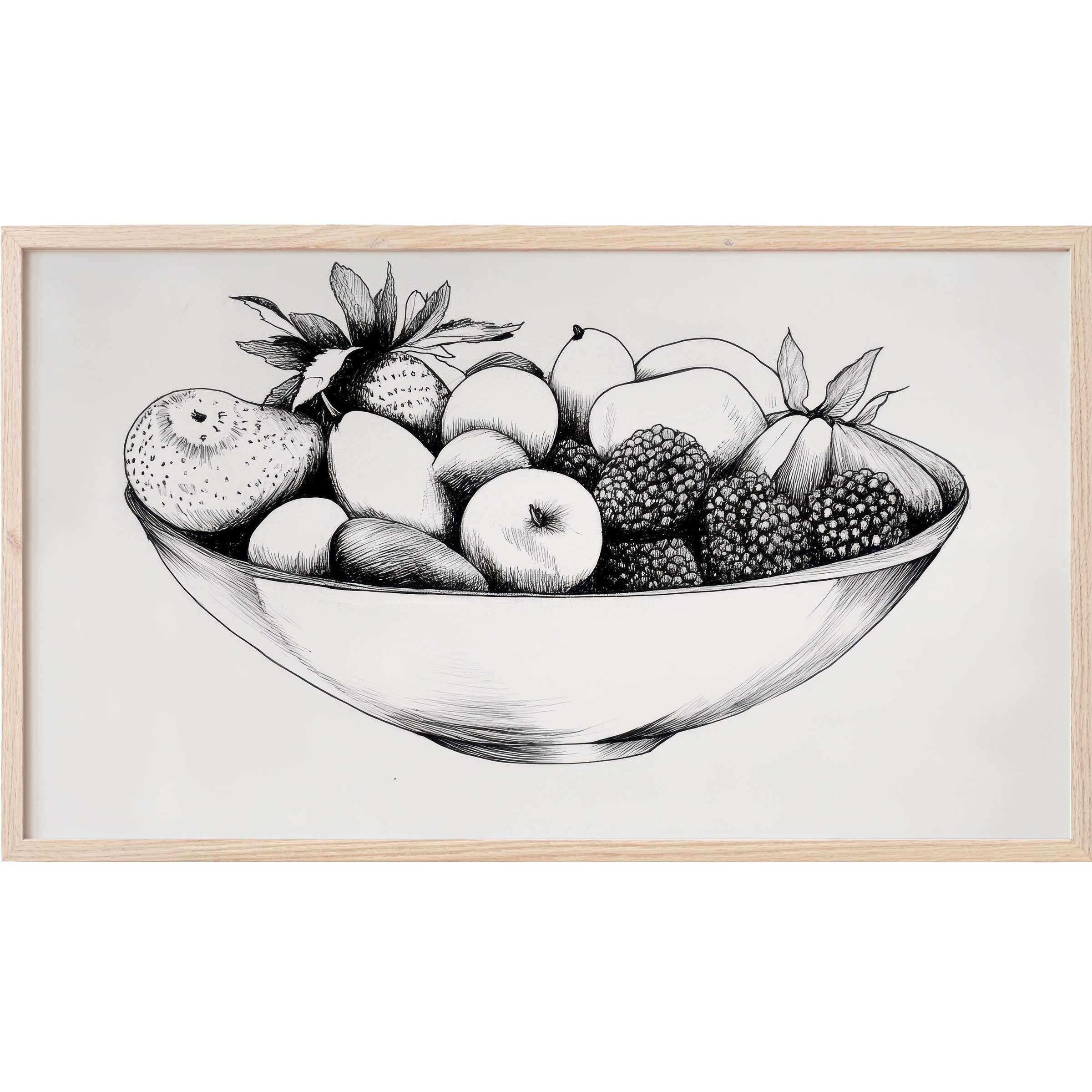 Elegant black and white frame TV art of a detailed fruit bowl sketch with fine, modern linework and natural shading