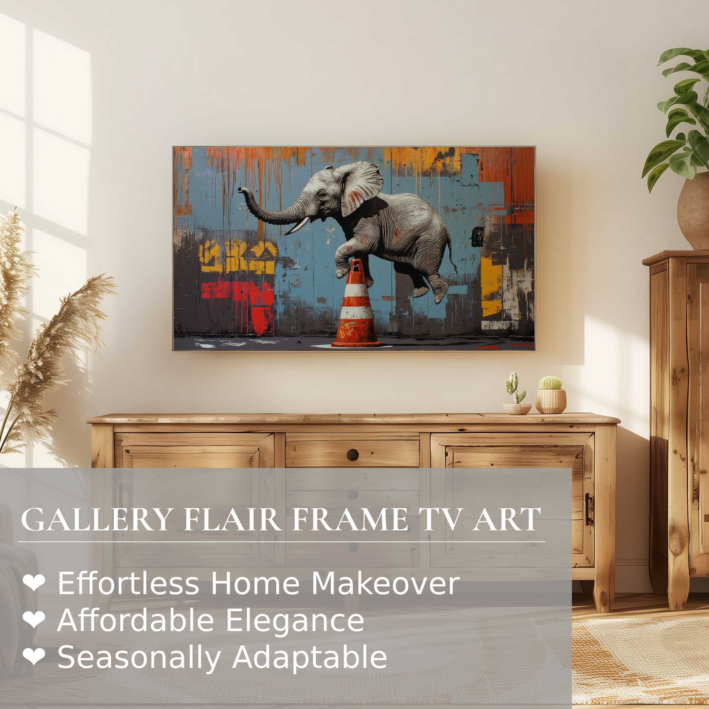 Modern living room with wooden furniture, Samsung Frame TV displaying vibrant street art digital artwork of elephant