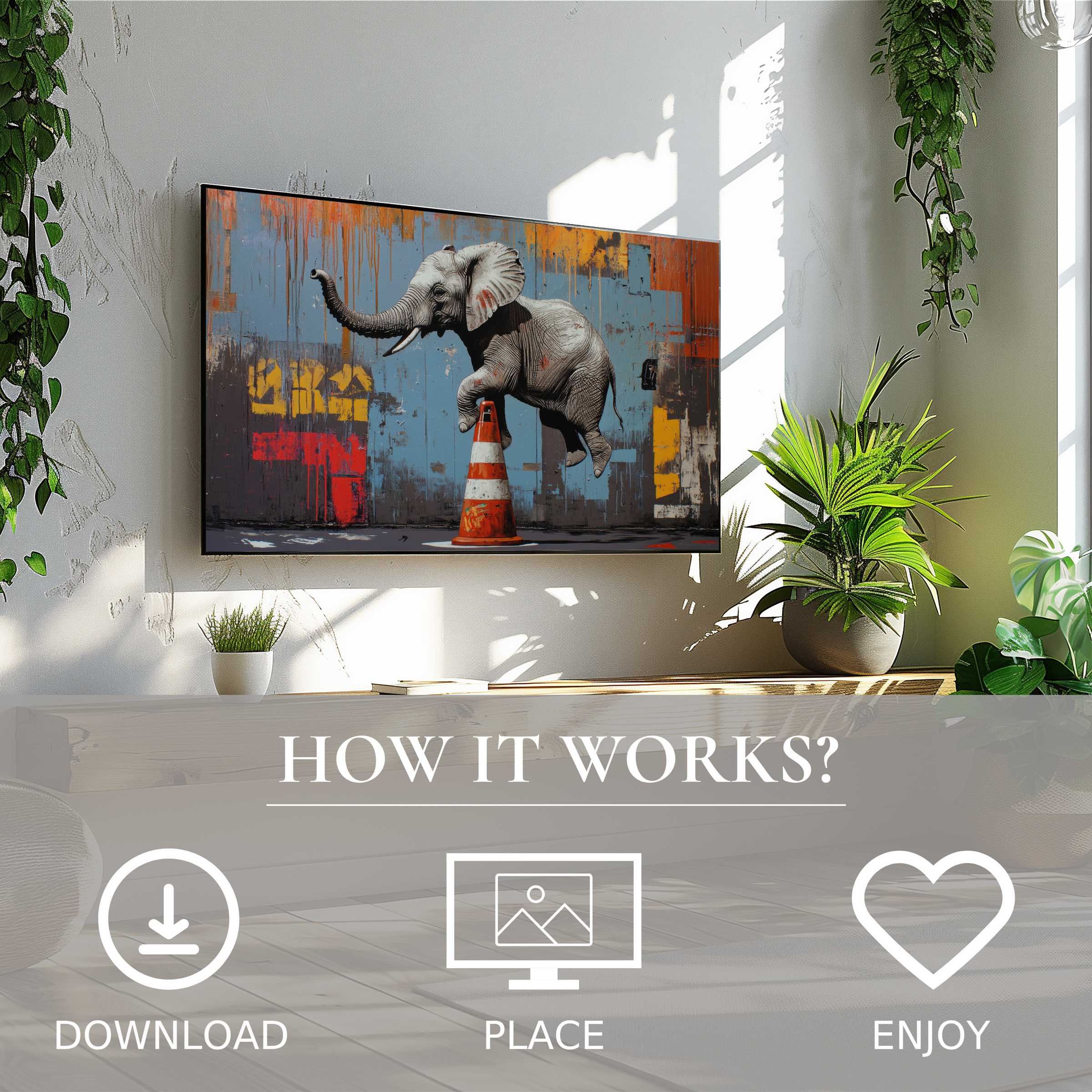 Modern living room with easy digital download street art for Samsung TV showing playful elephant motif, enriching decor with vibrant color flow