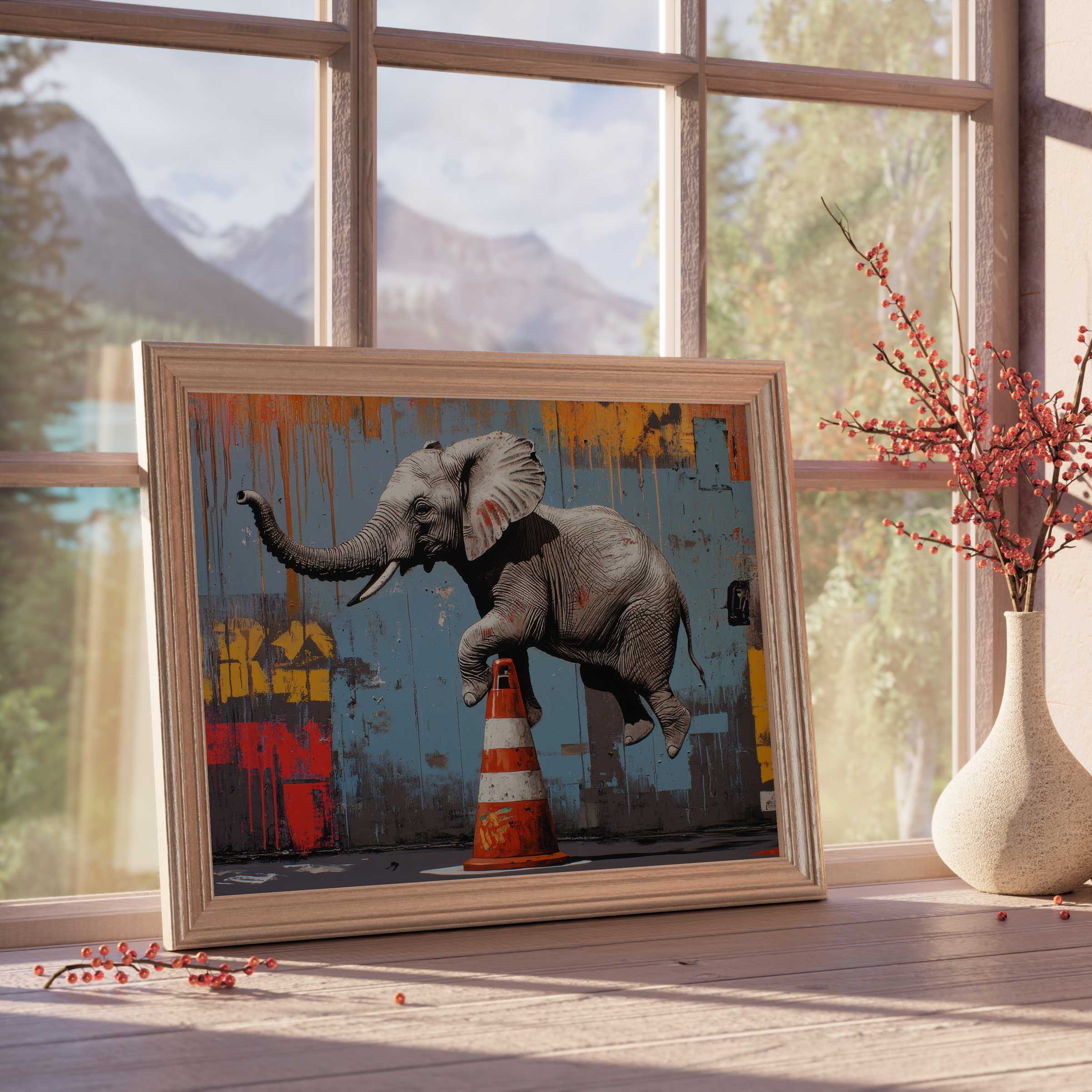 Street art downloadable art featuring a playful elephant on vibrant urban textures, elevating curated, tranquil interiors