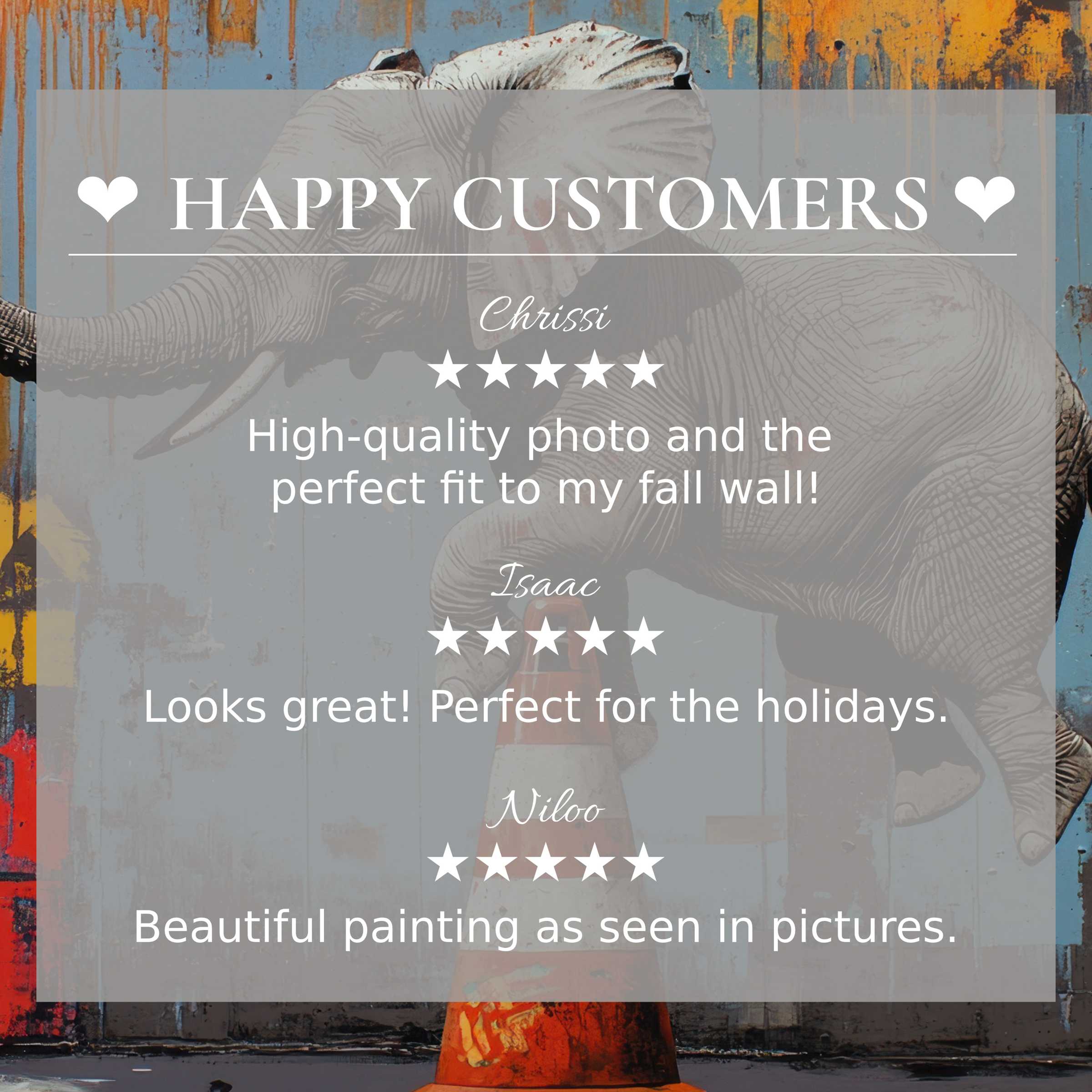 Street art for Frame TV with abstract rust-blue background, highlighting happy customer reviews and elegant design