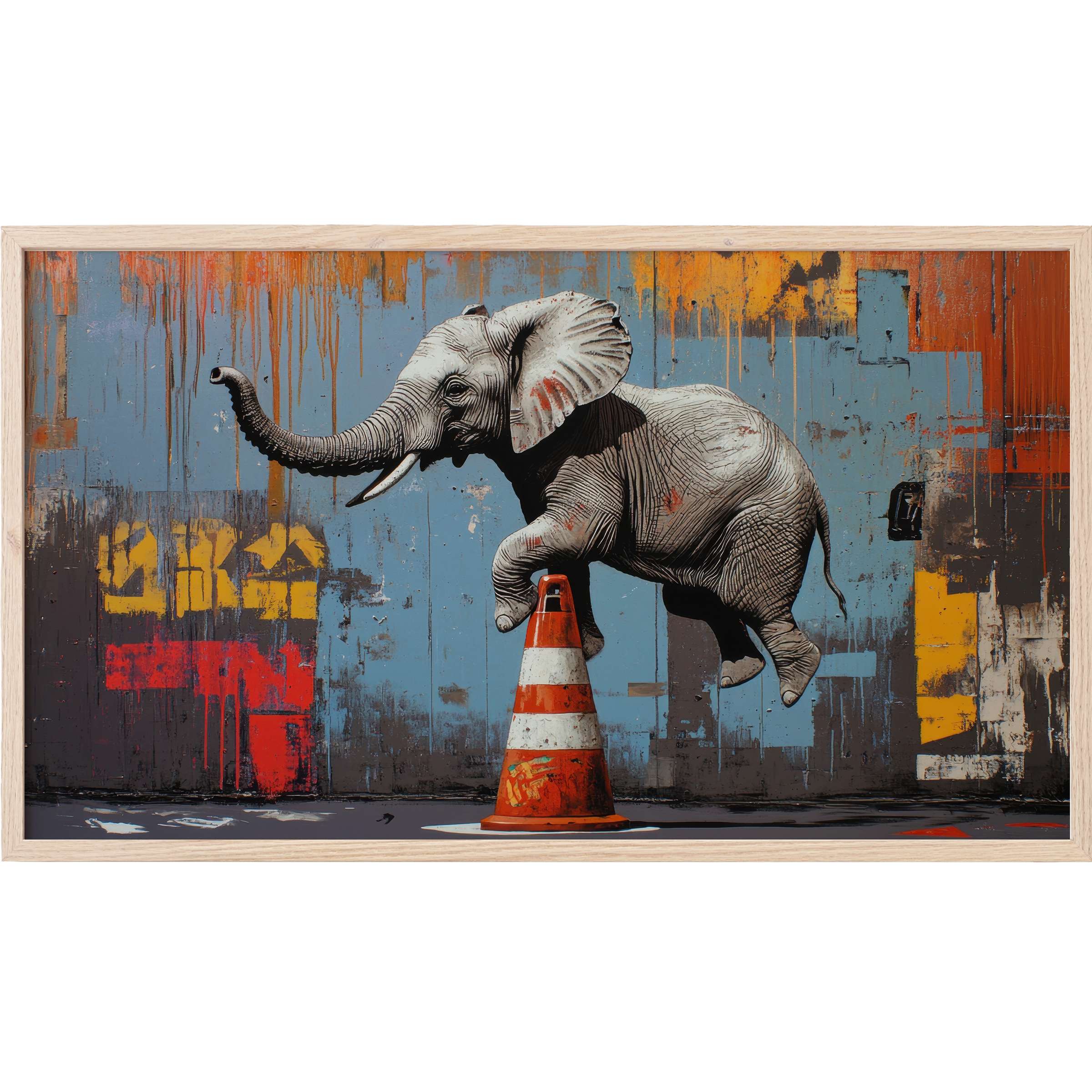 Dynamic baby elephant balancing on an orange traffic cone, vibrant blues, oranges, reds in street art Frame TV Art