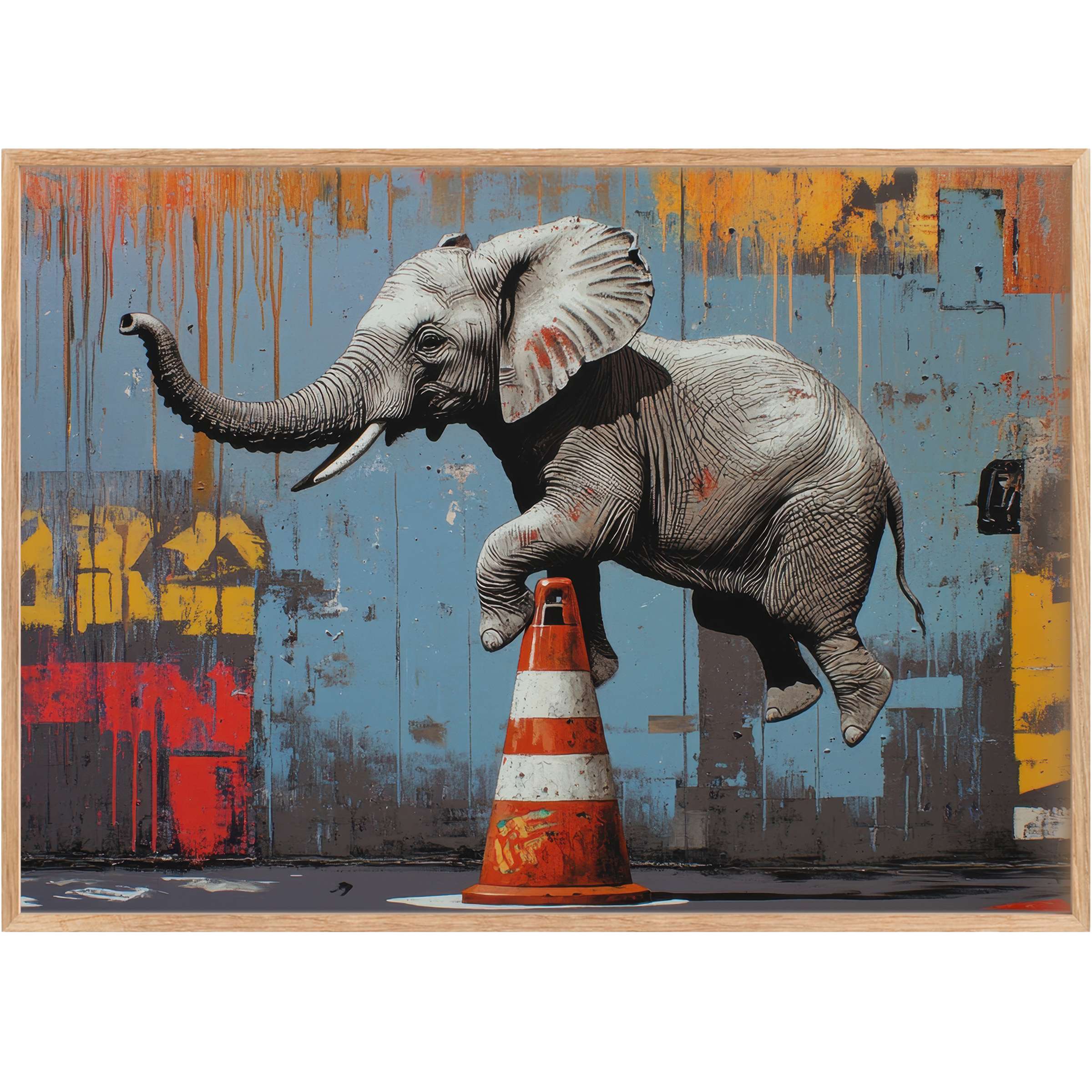 Playful street art printable wall art featuring a joyful elephant leaping over a traffic cone, set against a bold blue and orange backdrop
