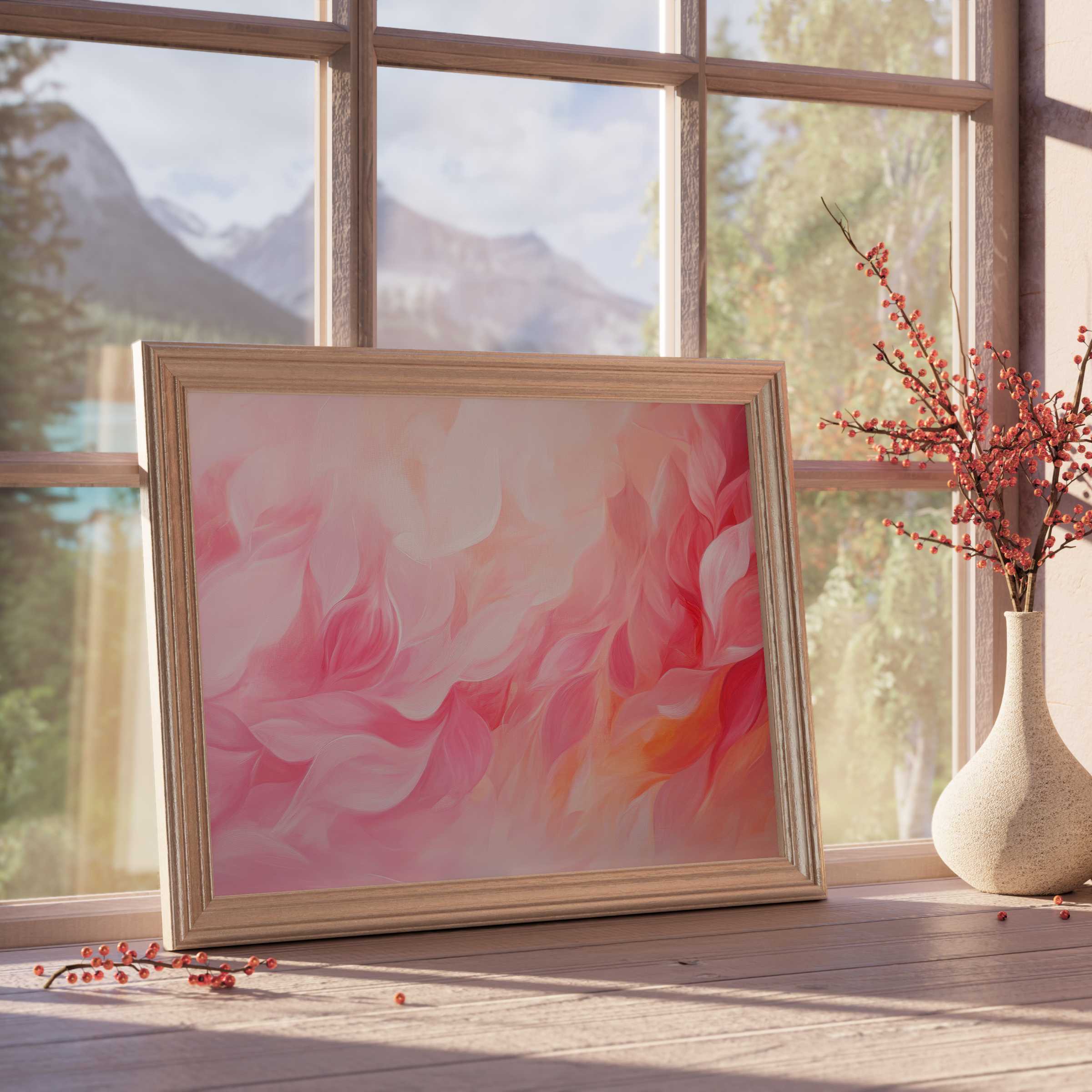 Abstract downloadable art with soft pink and coral petals, infusing serene warmth into curated, elegant interiors
