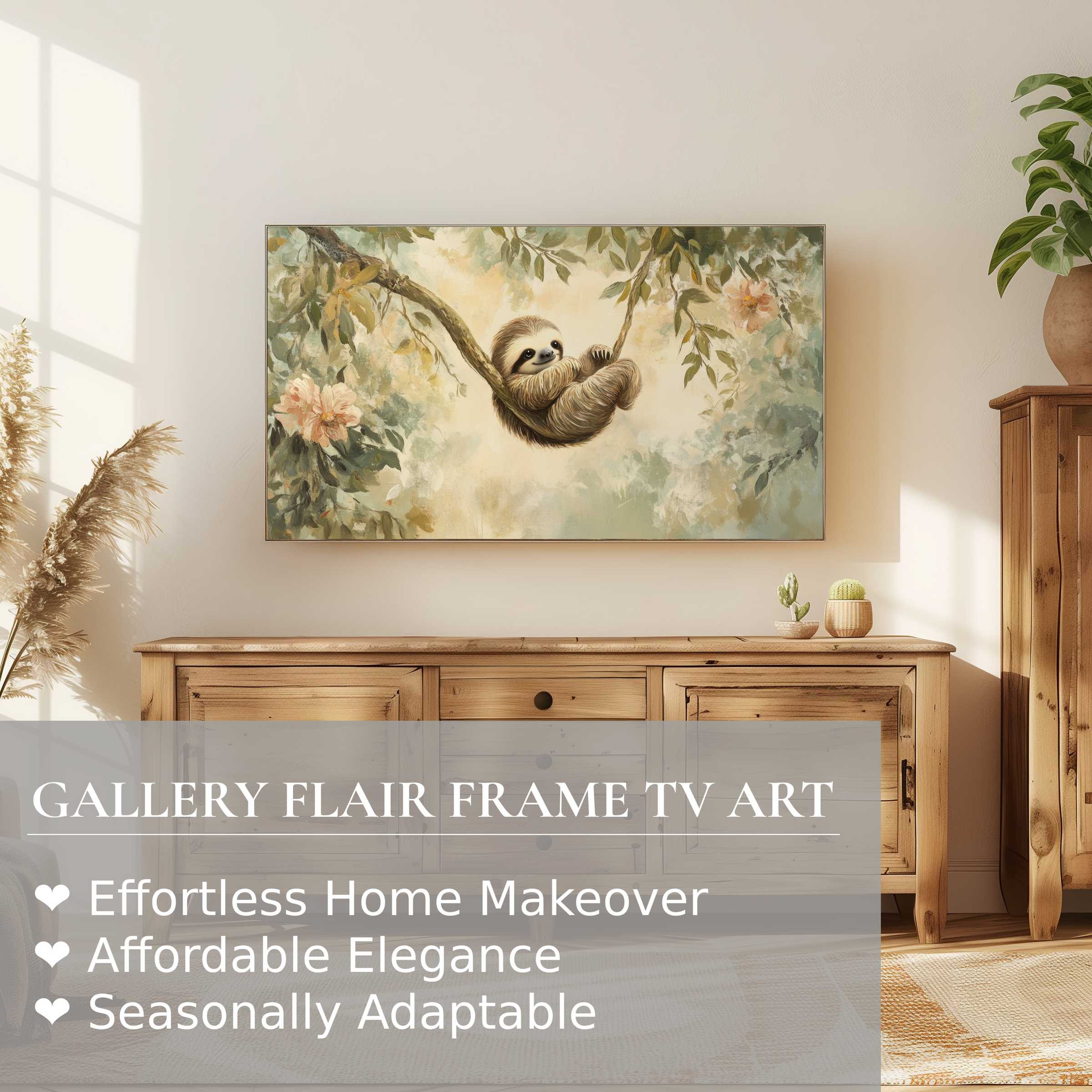 Modern nursery digital artwork of a sloth on Samsung Frame TV enhancing warm, elegant home decor ambiance
