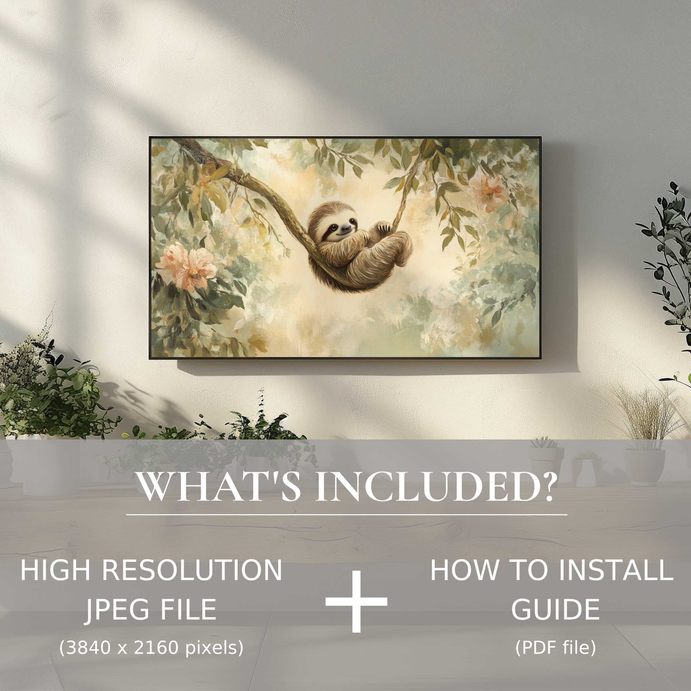 Elegant nursery digital TV art download featuring a charming sloth, easy digital use enhances your stylish space