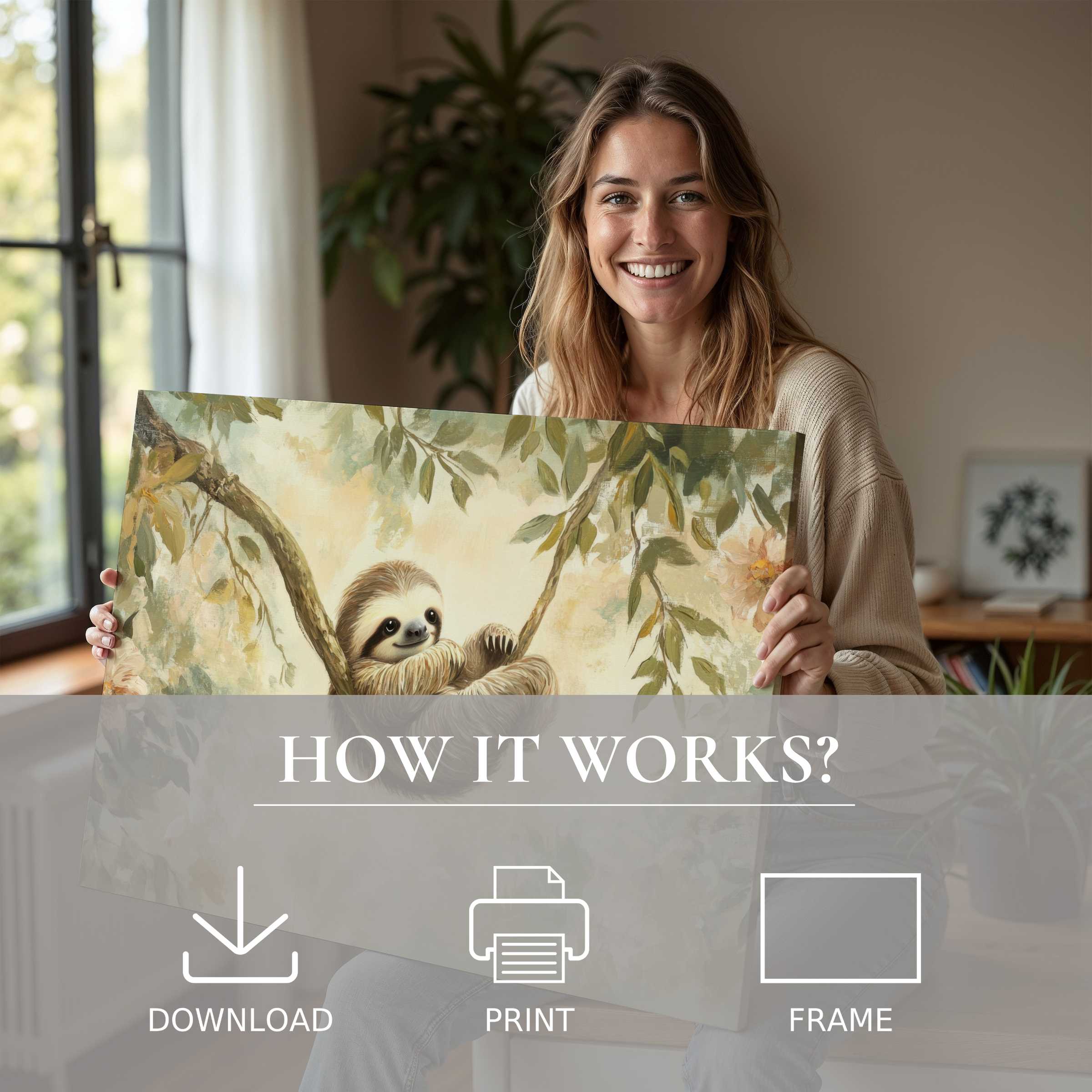 Joyful embrace of nursery digital art print in a serene, modern home evokes warmth and effortless beauty through nature-inspired tones