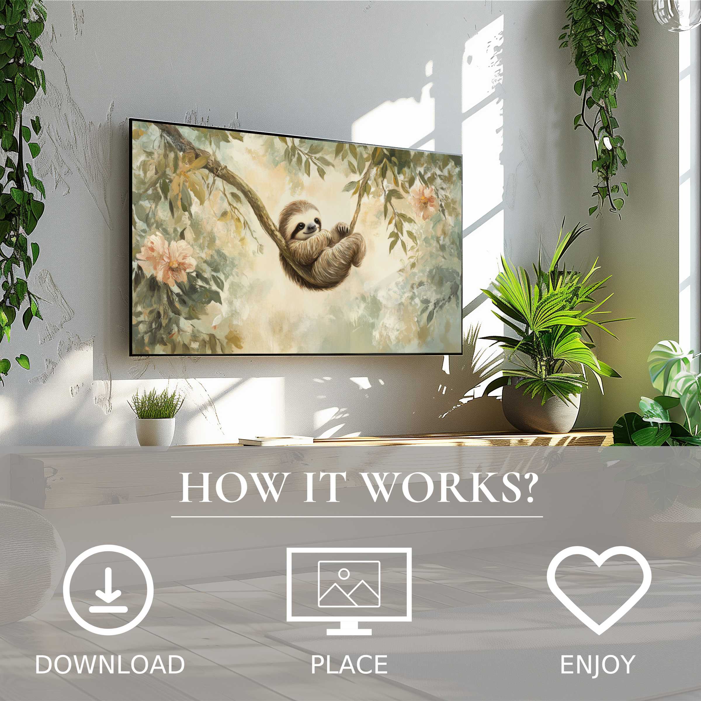Nursery art for Samsung TV shows a sloth motif in soft earthy tones, easy digital download, enriching modern living spaces
