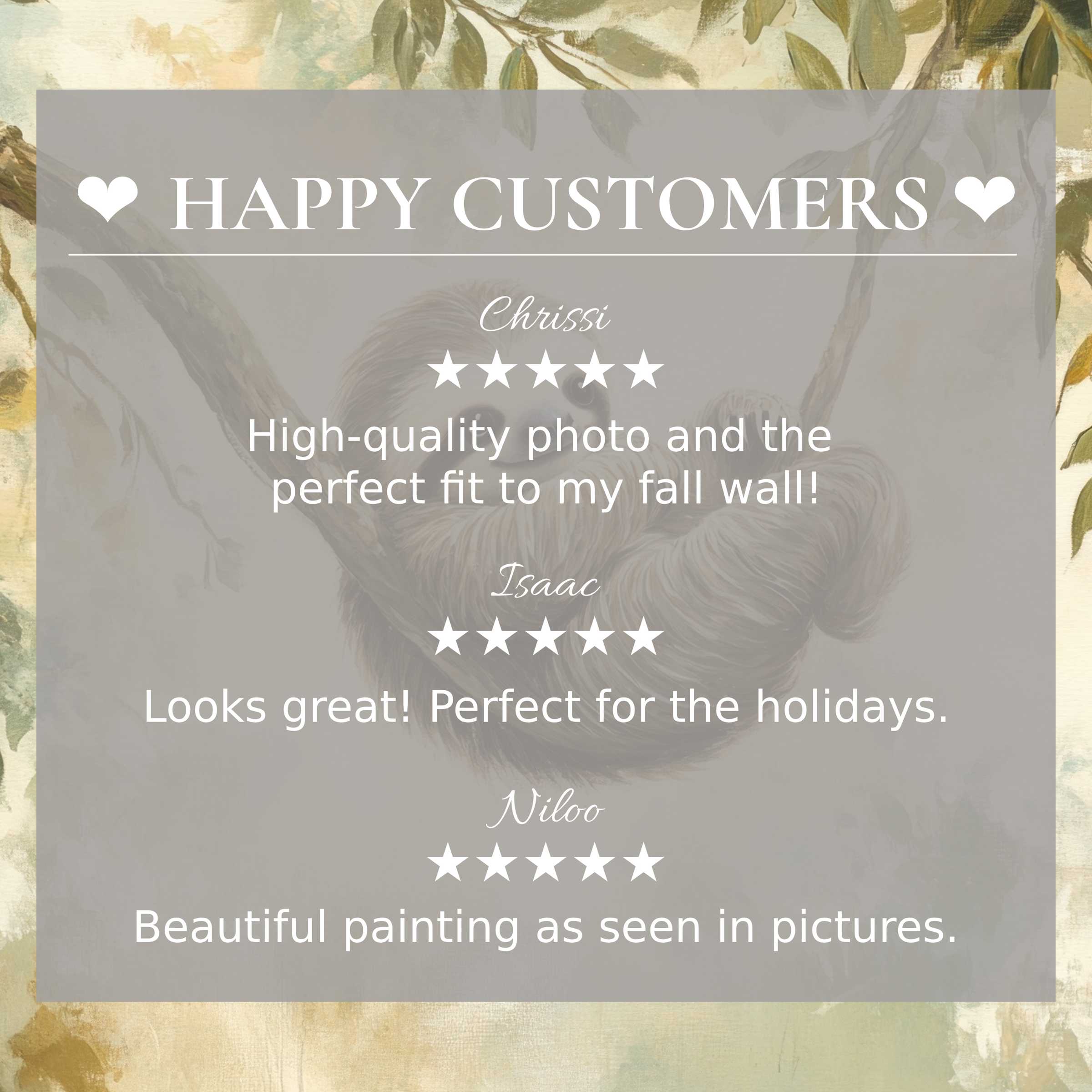 Elegant nursery art for Frame TV with sloth motif and leafy background; happy customer reviews build trusted appeal
