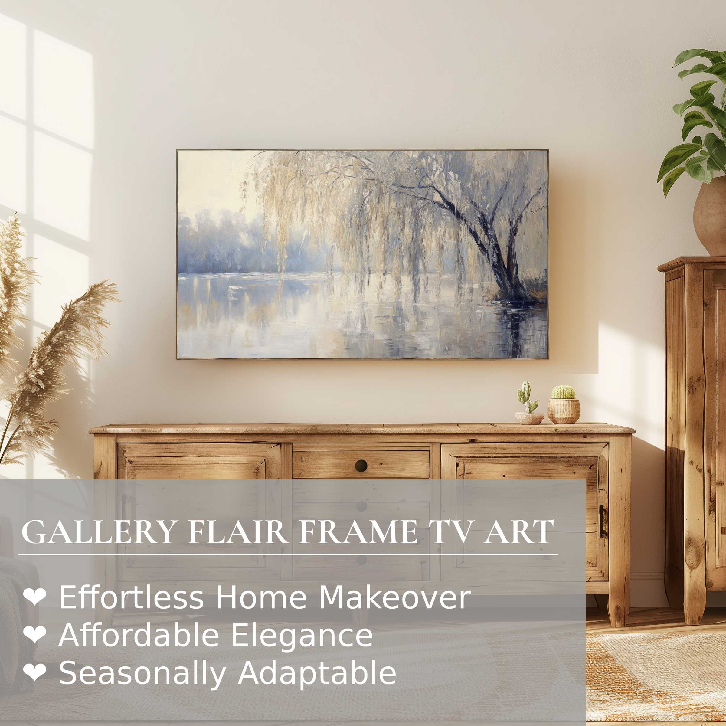 Samsung Frame TV displays serene tree digital artwork, blending modern elegance with warm, natural home decor