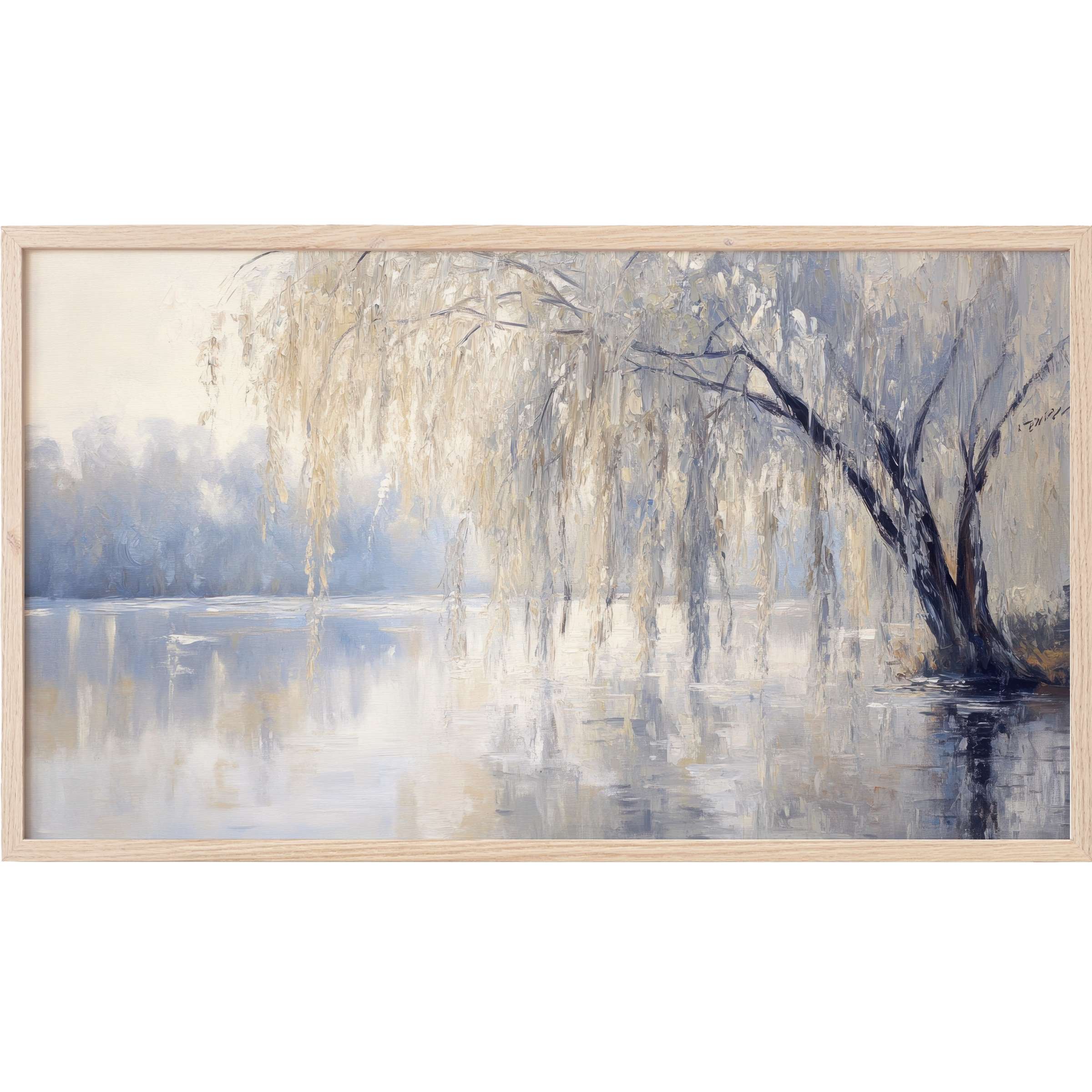 Elegant impressionist tree Frame TV Art in soft blues, greys, and creams, capturing serene water reflections with delicate brushstrokes