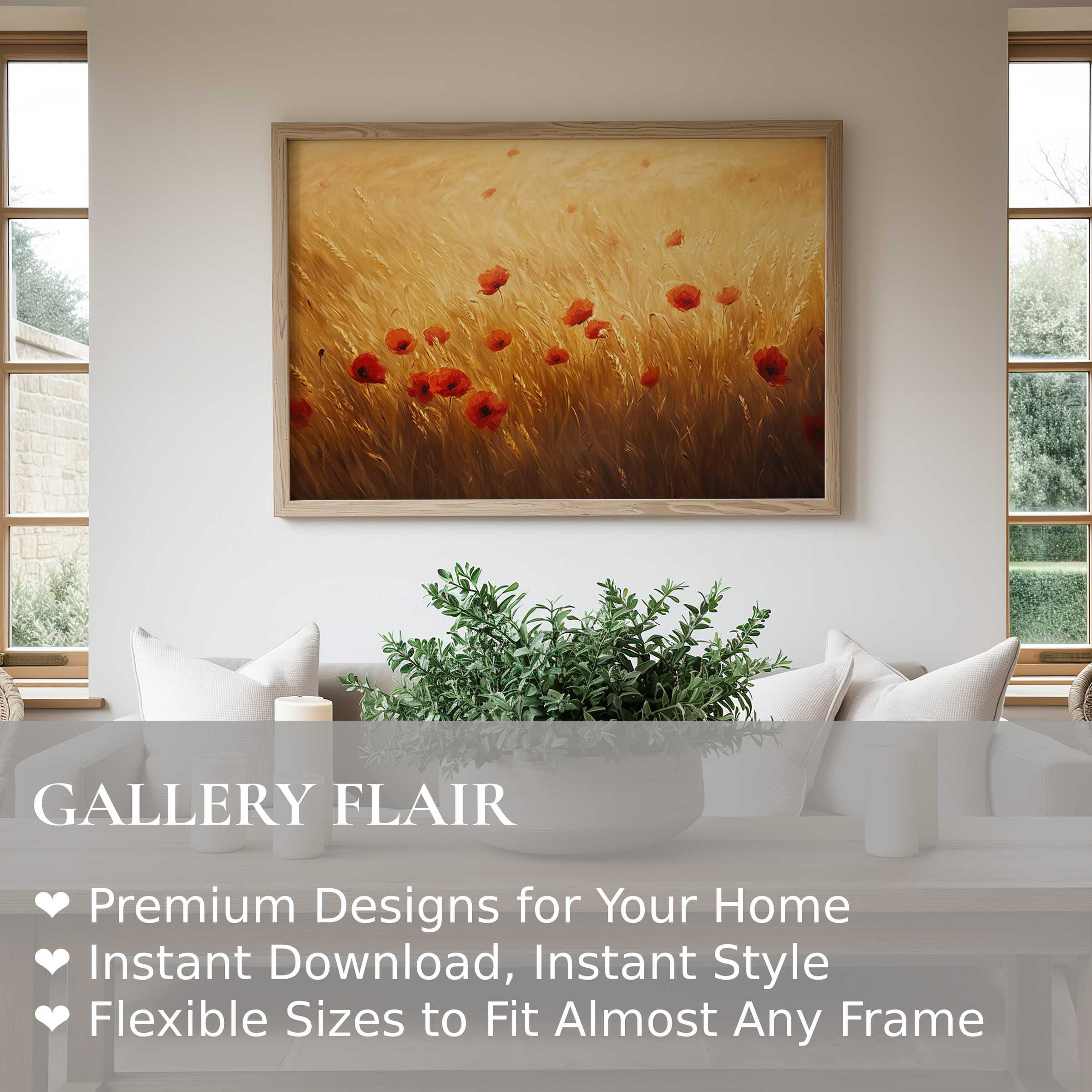 Radiant floral wall art print with warm poppies and golden wheat, elevating serene modern farmhouse interiors with natural elegance