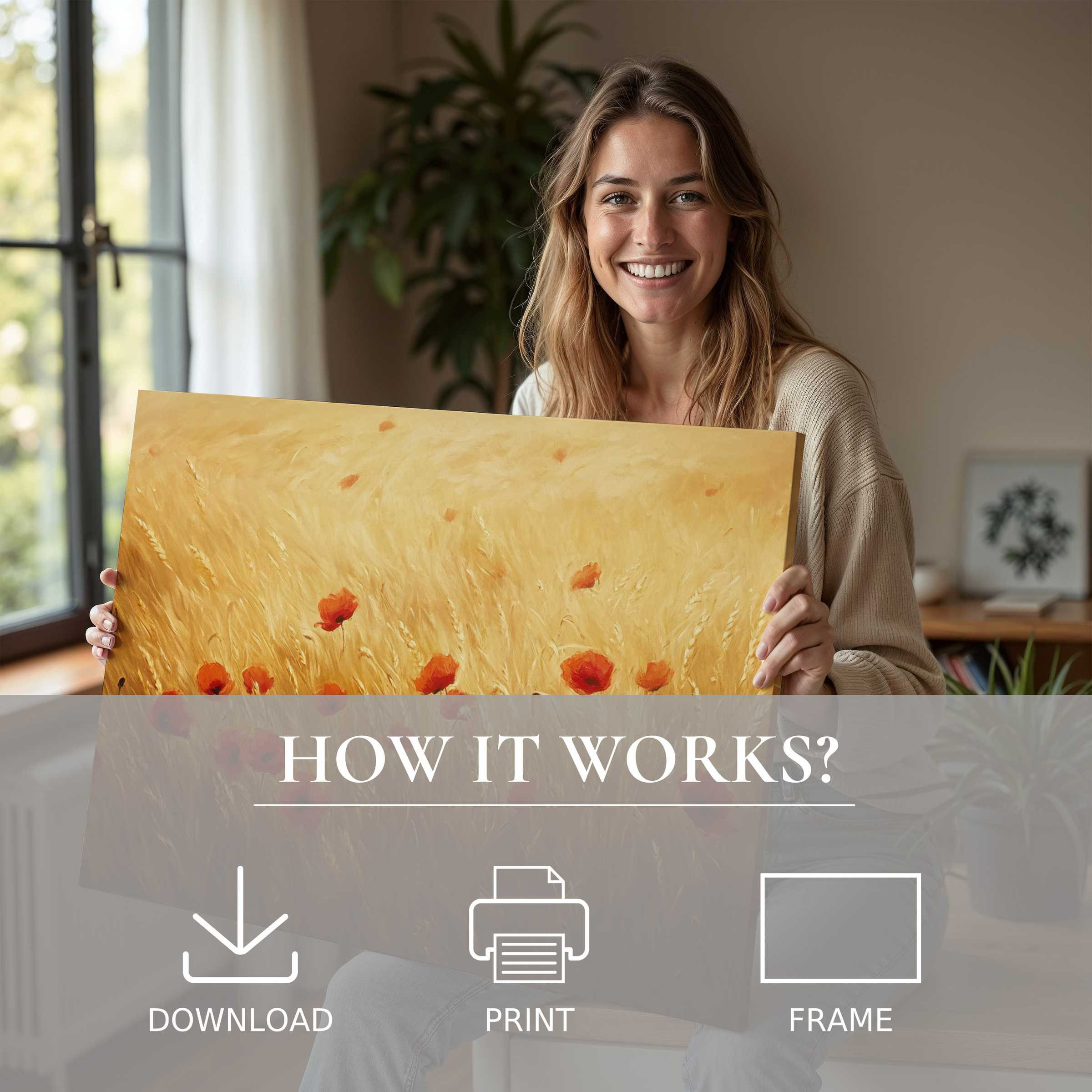 A joyful moment in a sunlit modern home, connecting deeply through a warm-toned floral digital art print