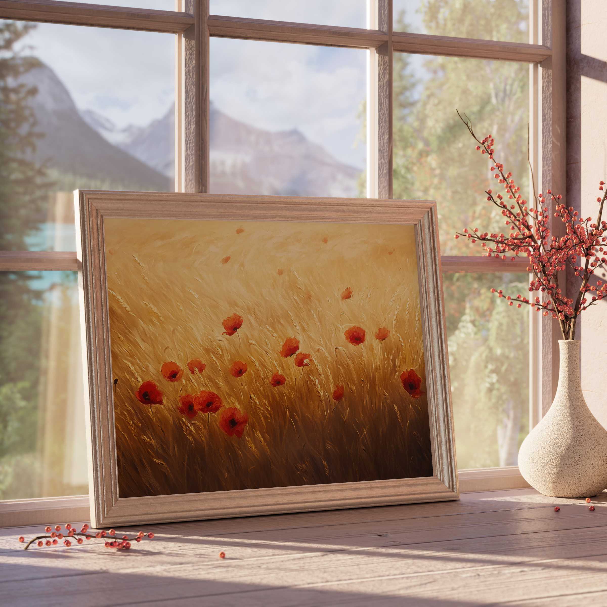 Golden-hued floral downloadable art featuring delicate poppies, elevating serene and curated interiors with timeless elegance