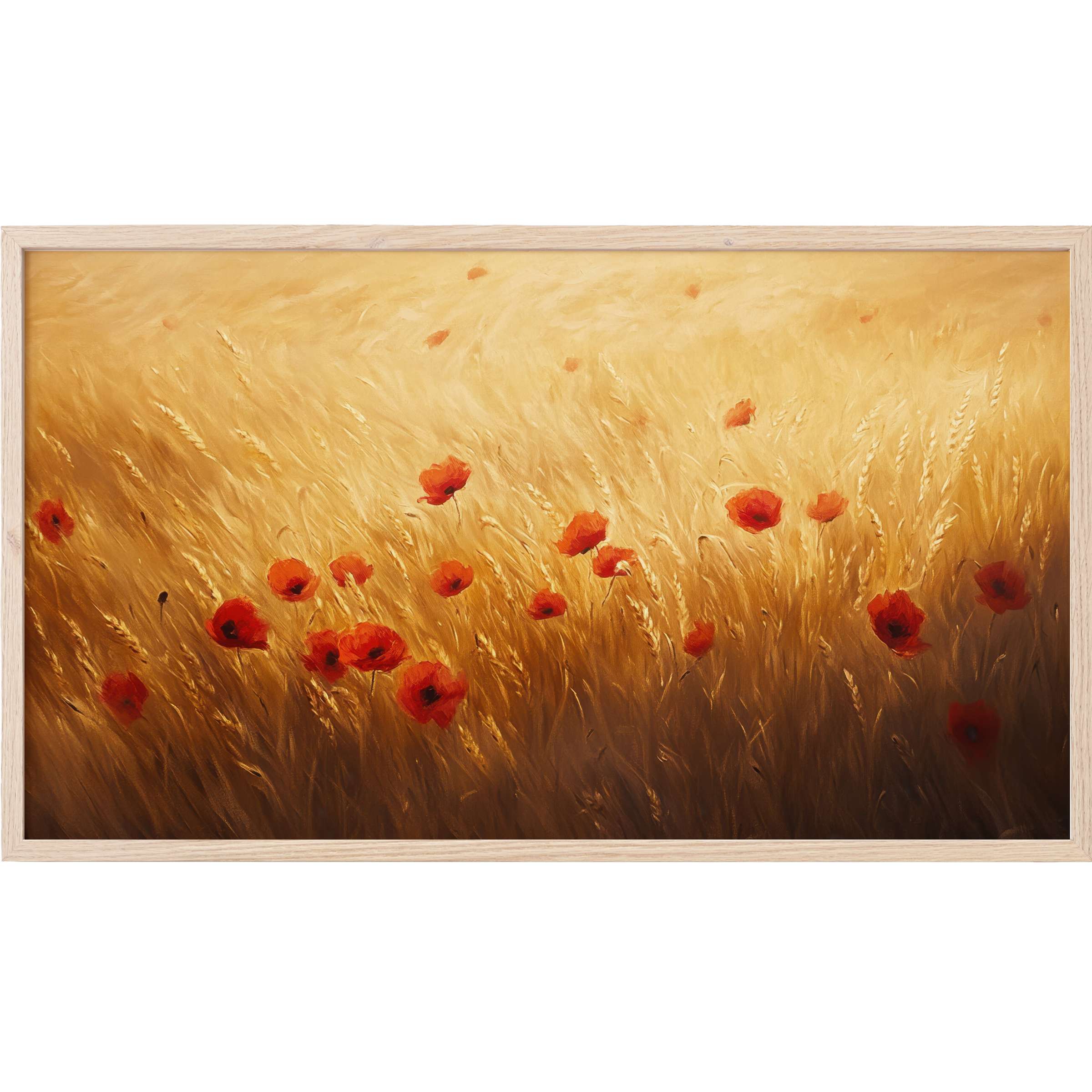 Floral Frame TV Art depicting warm golden fields with vibrant red poppies in a soft, painterly style