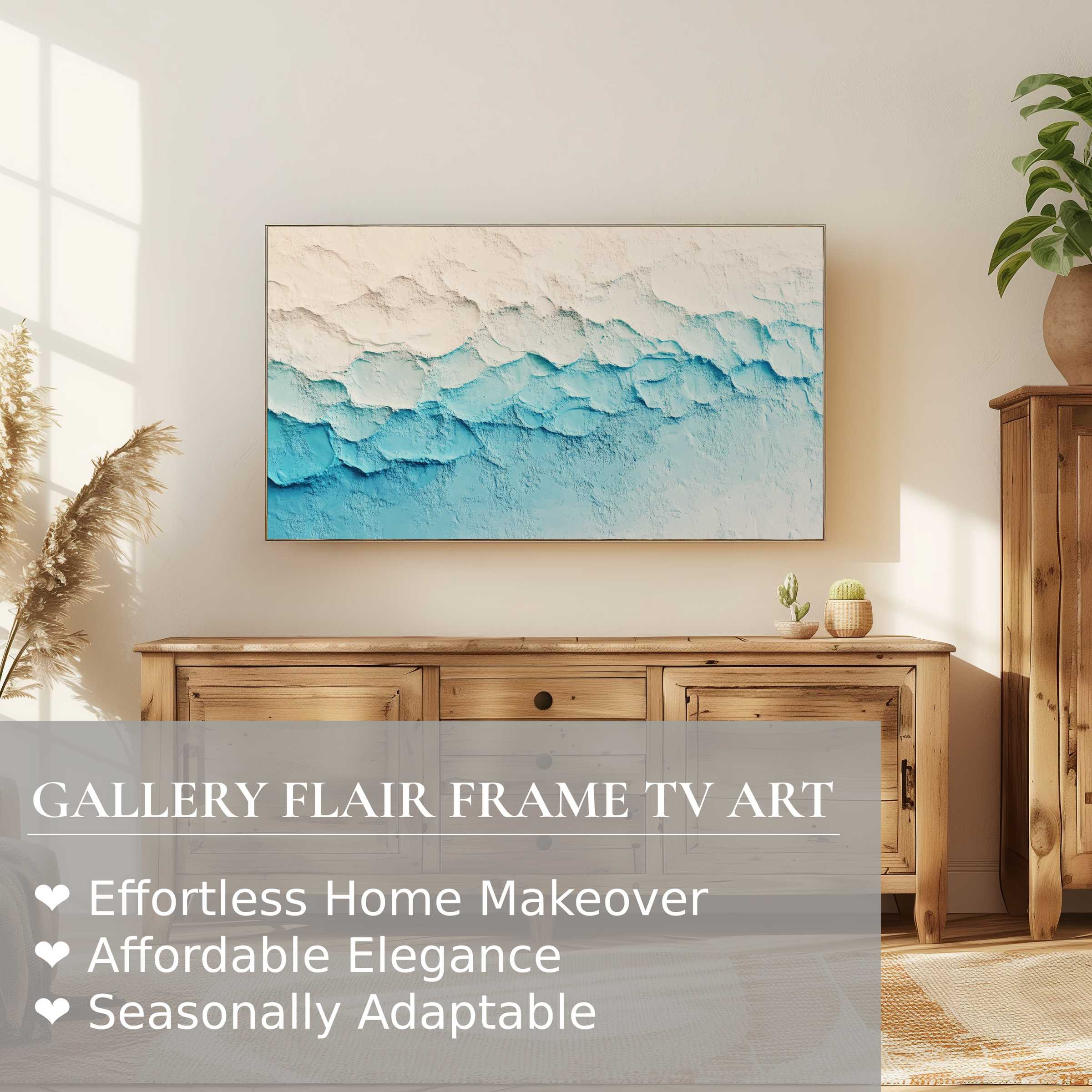 Samsung Frame TV showcasing modern digital artwork of textured blue and beige waves in a chic, natural wood setting