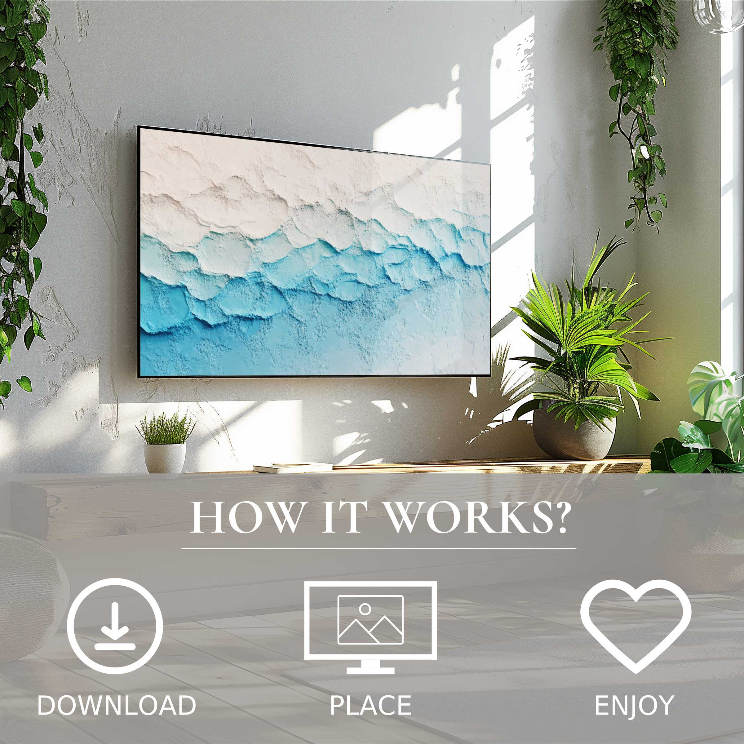 Modern art for Samsung TV with digital download; soft blue and white color flow enriches bright, plant-filled living spaces