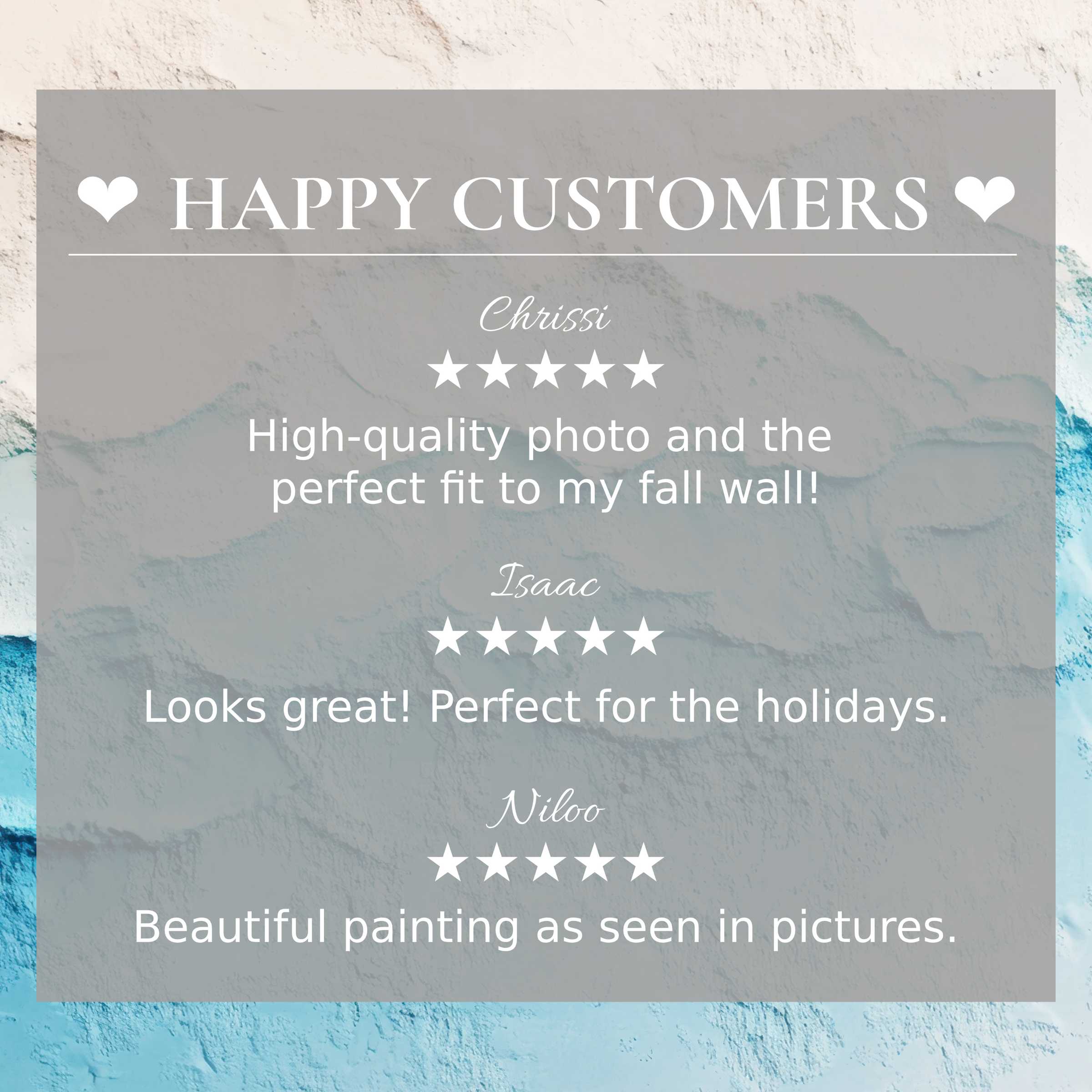 Modern art for Frame TV with abstract ocean hues, showcasing happy customer reviews for trust and elegant style