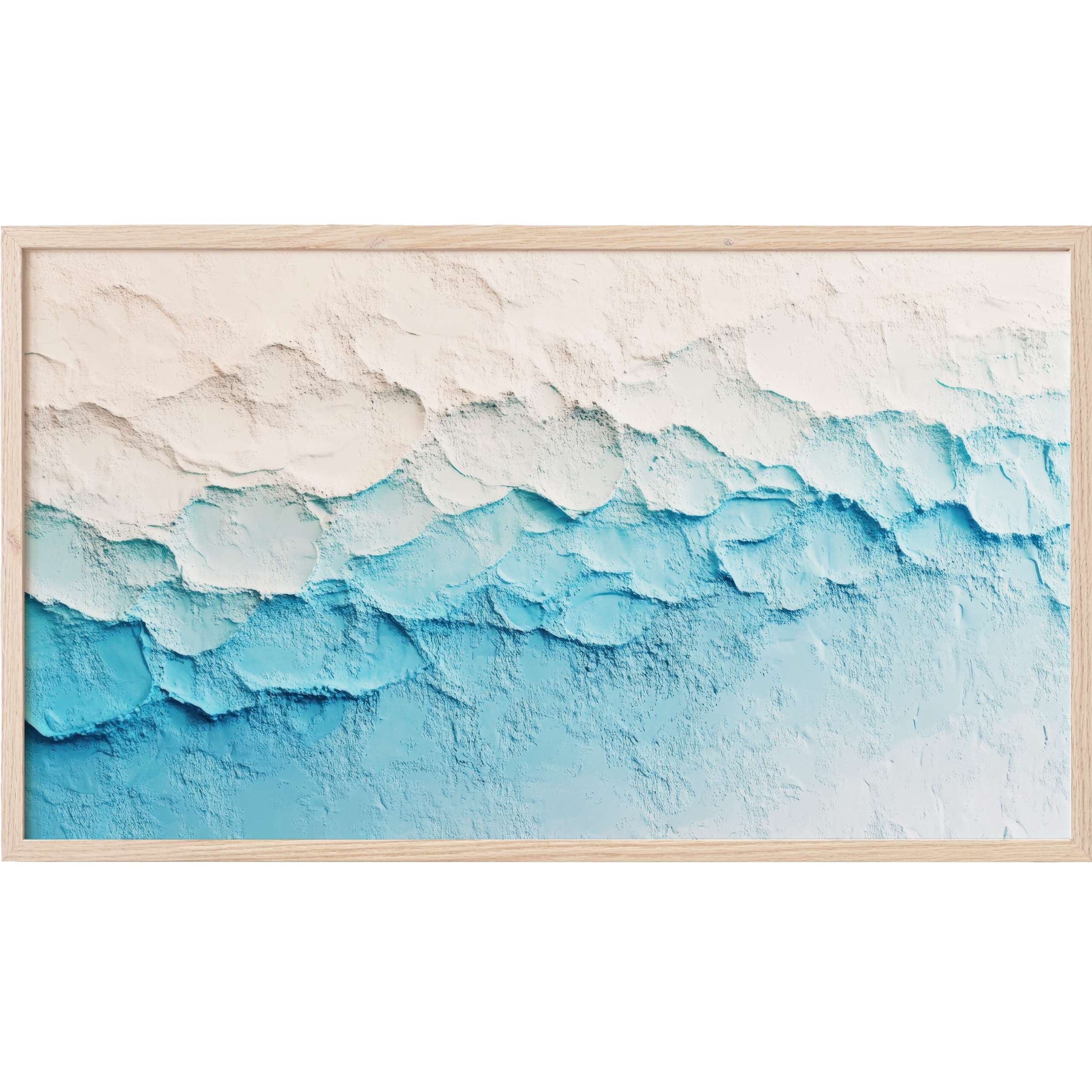 Textured gradient in serene blues and whites with a natural wood frame, showcasing modern Frame TV Art elegance