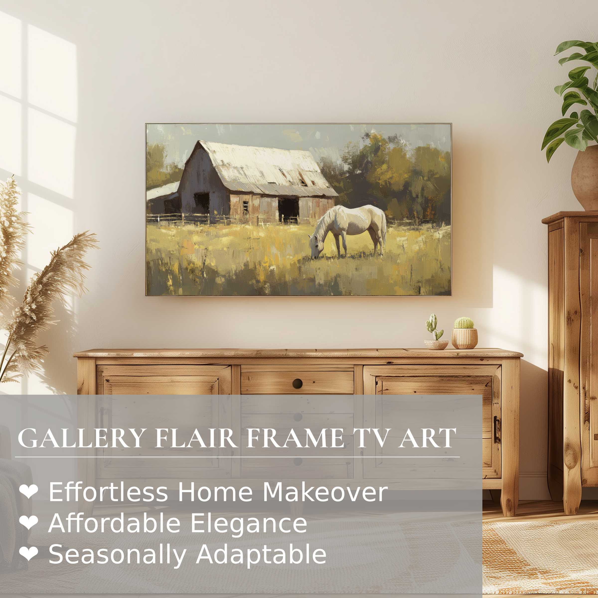 Samsung Frame TV displays a serene farmhouse digital artwork with muted tones in an elegant modern living space