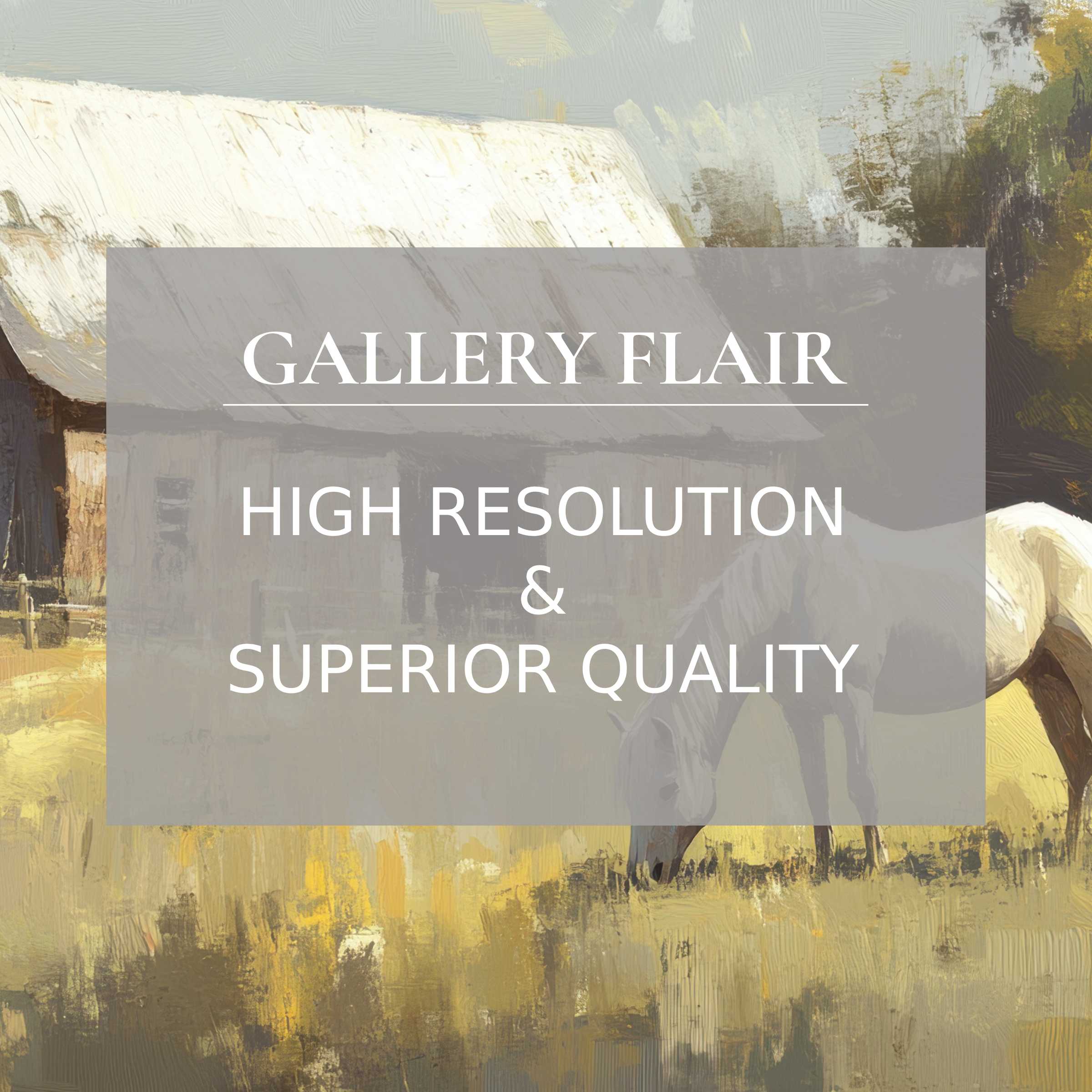 Serene farmhouse printable art featuring a softly textured barn and grazing horse, elevating modern rustic interiors with refined, calming elegance