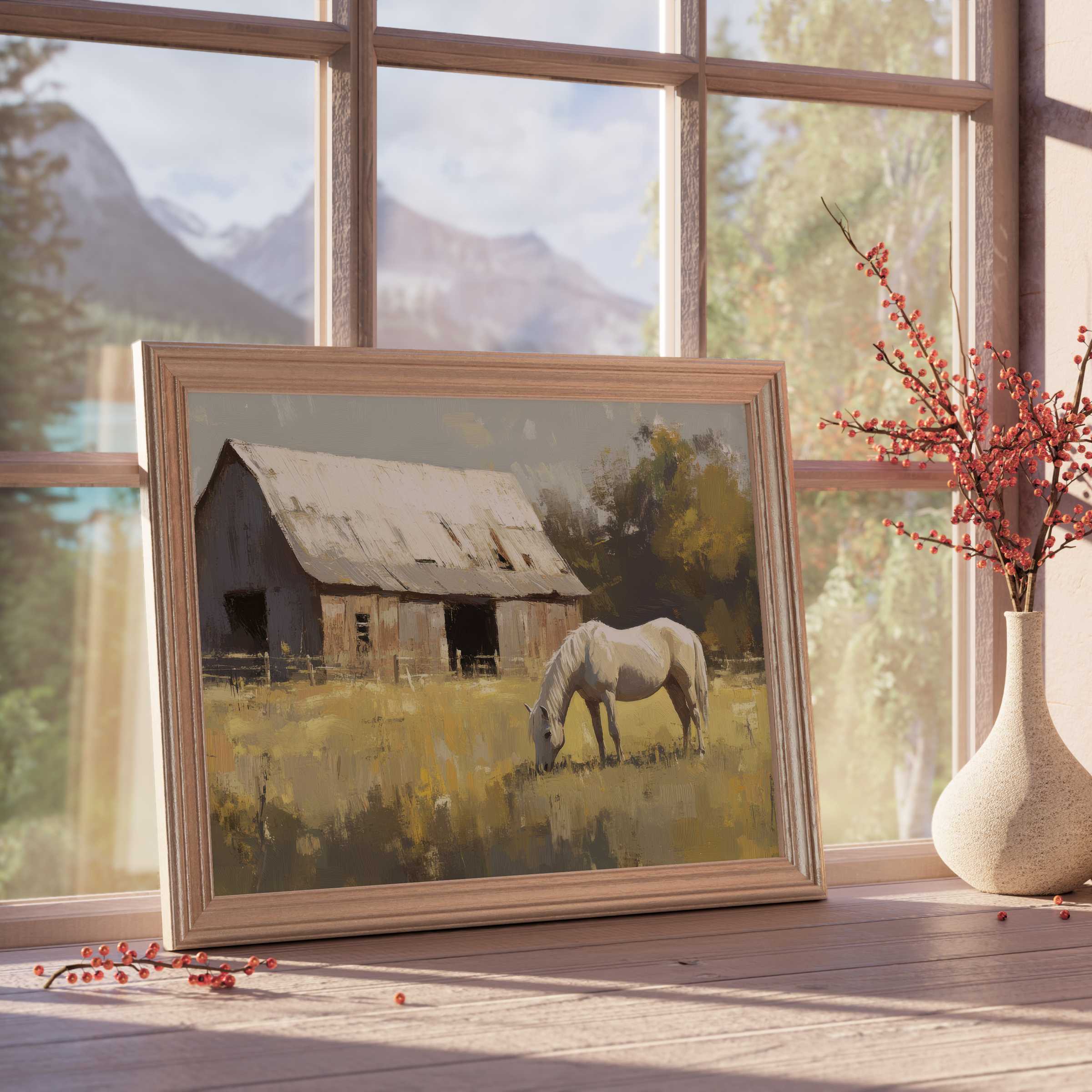 Farmhouse downloadable art capturing serene rustic charm with a grazing white horse, soft light, and vintage barn