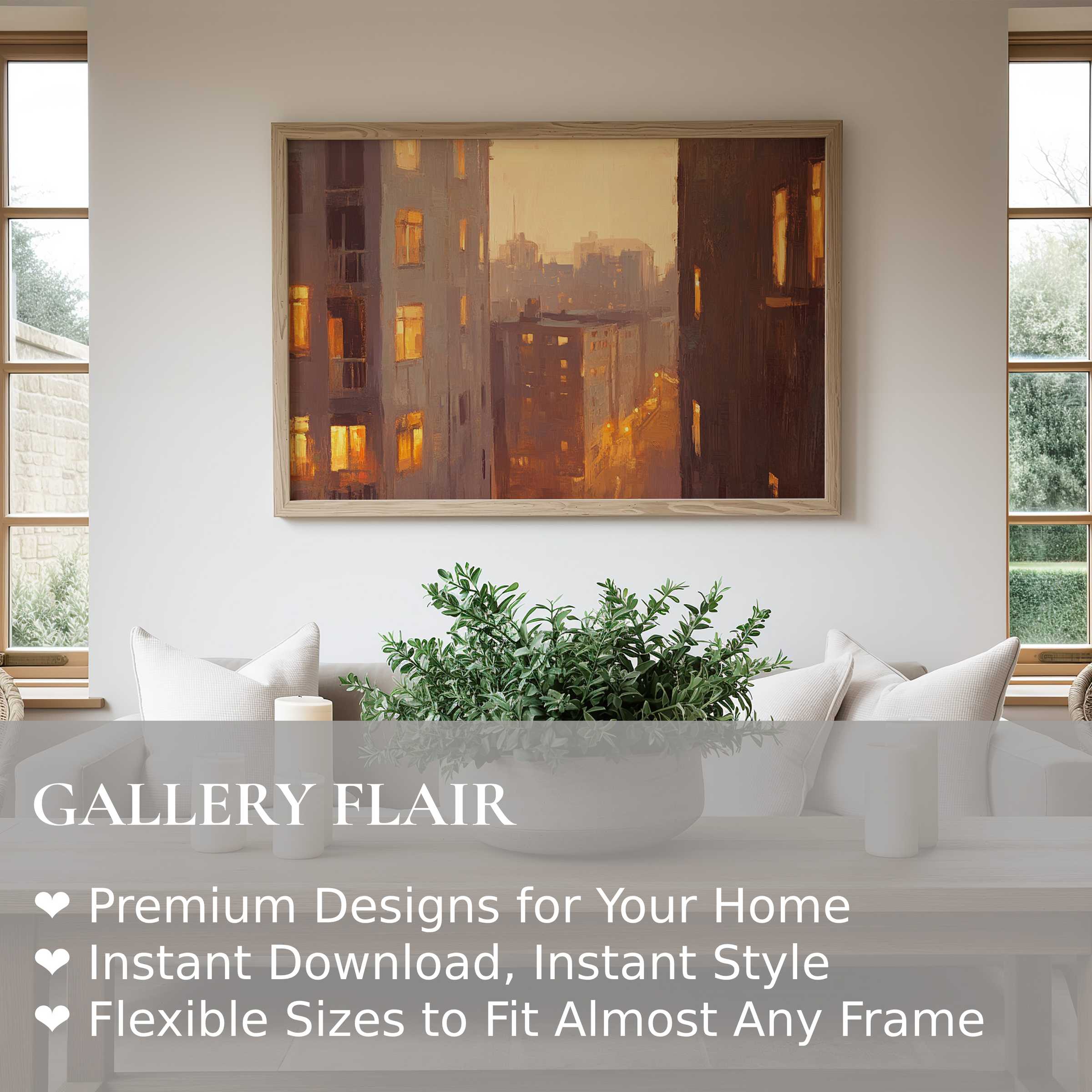 Urban art wall art print capturing a warm cityscape glow, evoking serene evenings in a chic, minimalist living room